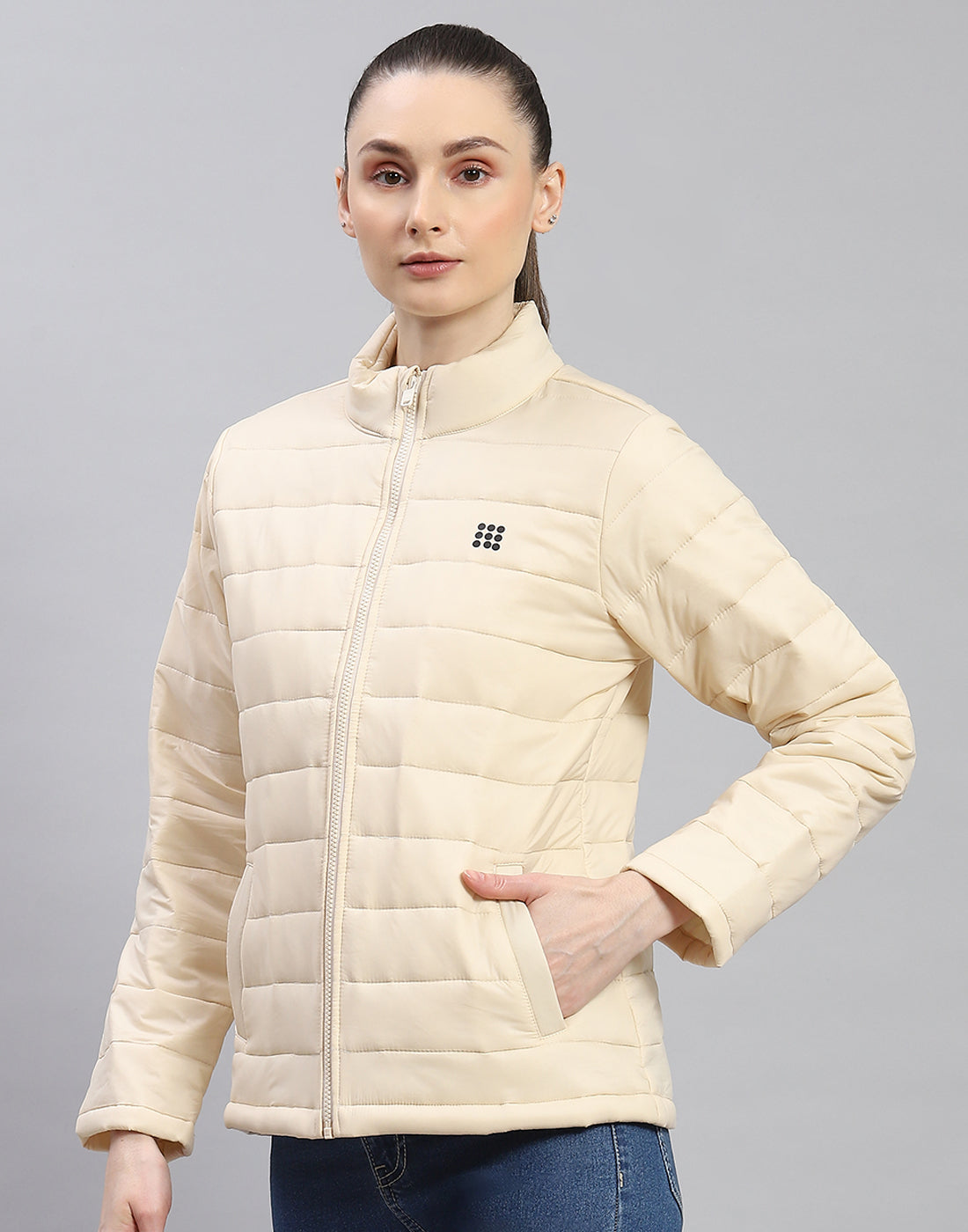 Women Cream Solid Stand Collar Full Sleeve Jacket