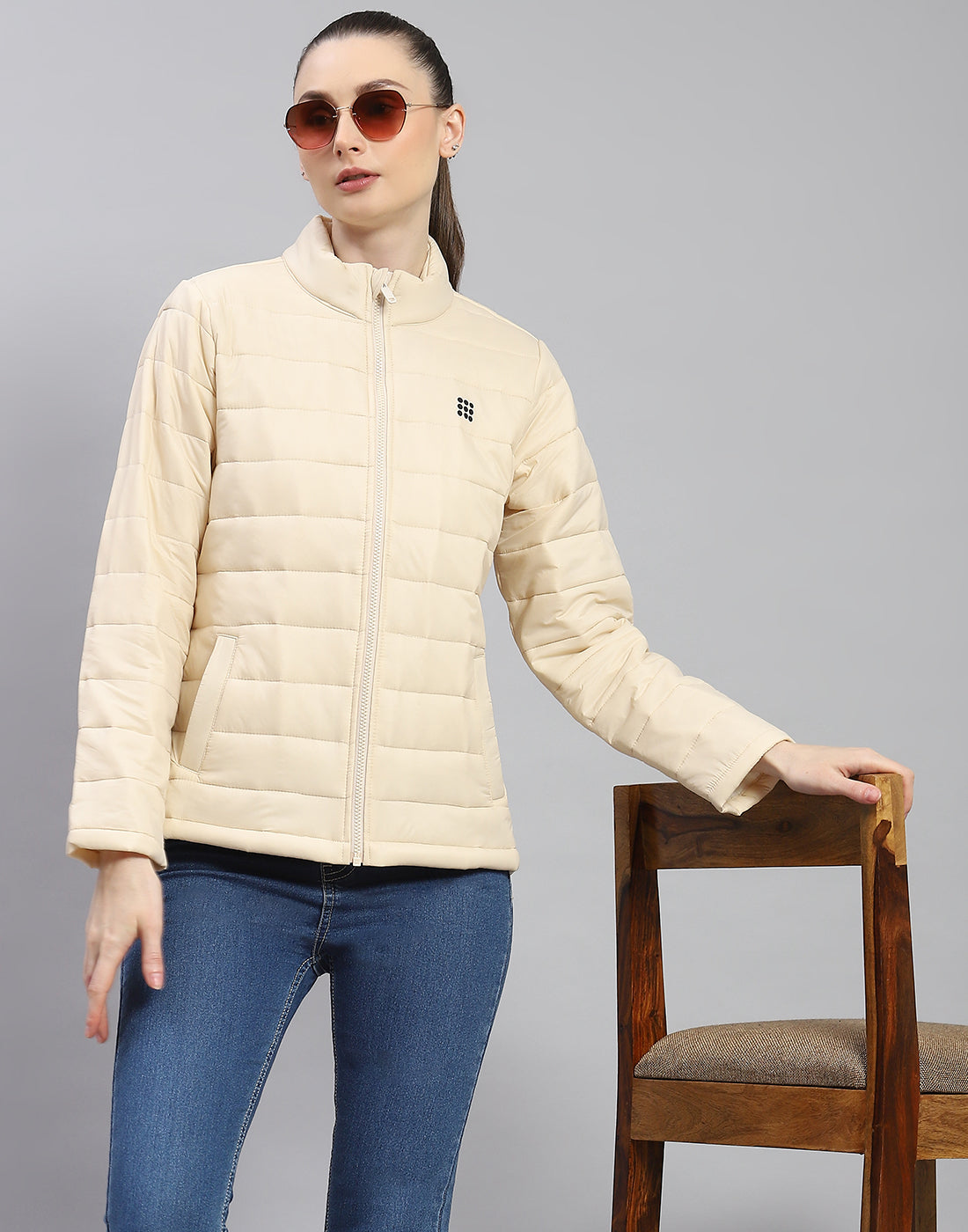 Women Cream Solid Stand Collar Full Sleeve Jacket