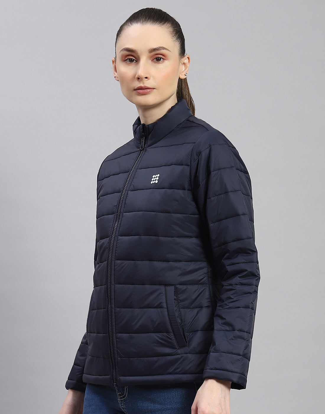 Rock.it Women Navy Blue Solid Stand Collar Full Sleeve Jacket