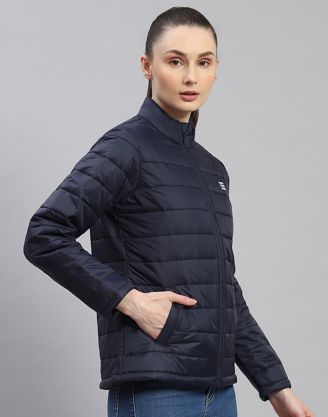 Rock.it Women Navy Blue Solid Stand Collar Full Sleeve Jacket