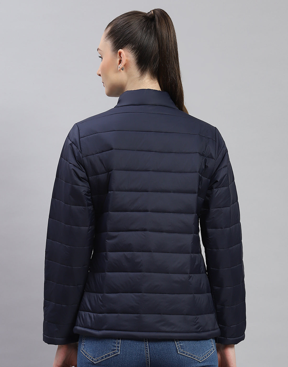 Rock.it Women Navy Blue Solid Stand Collar Full Sleeve Jacket