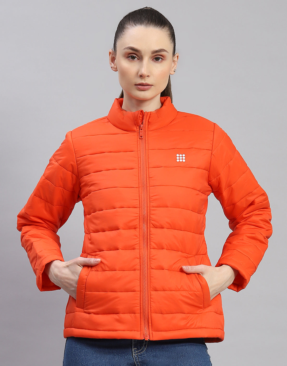 Women Orange Solid Stand Collar Full Sleeve Jacket