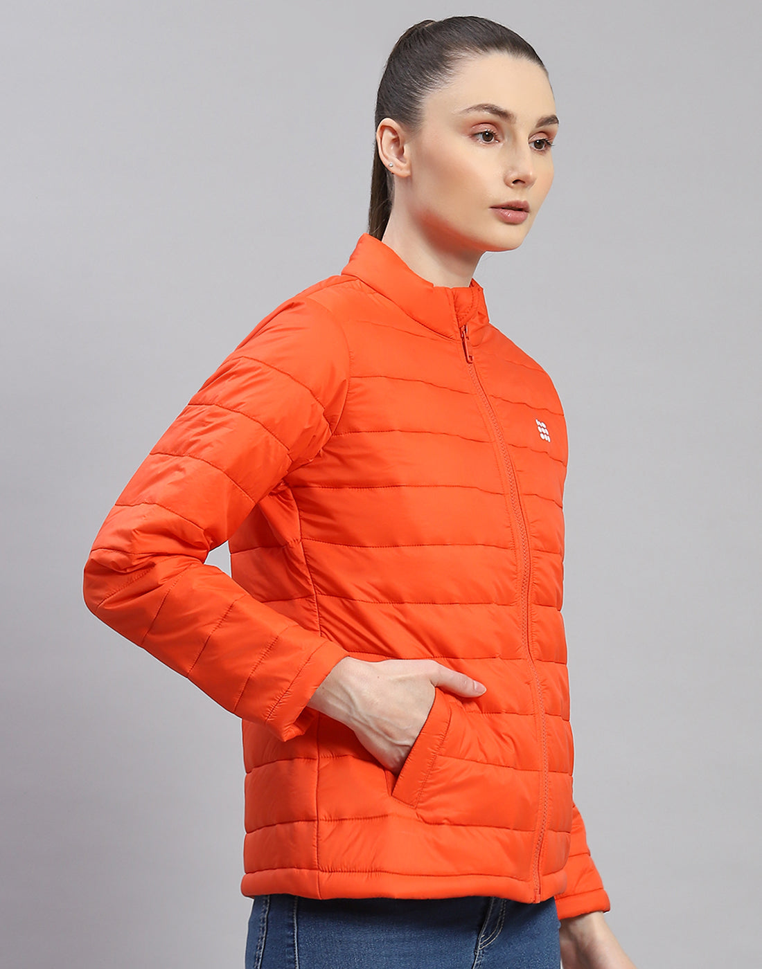 Buy Women Orange Solid Stand Collar Full Sleeve Jacket Online in