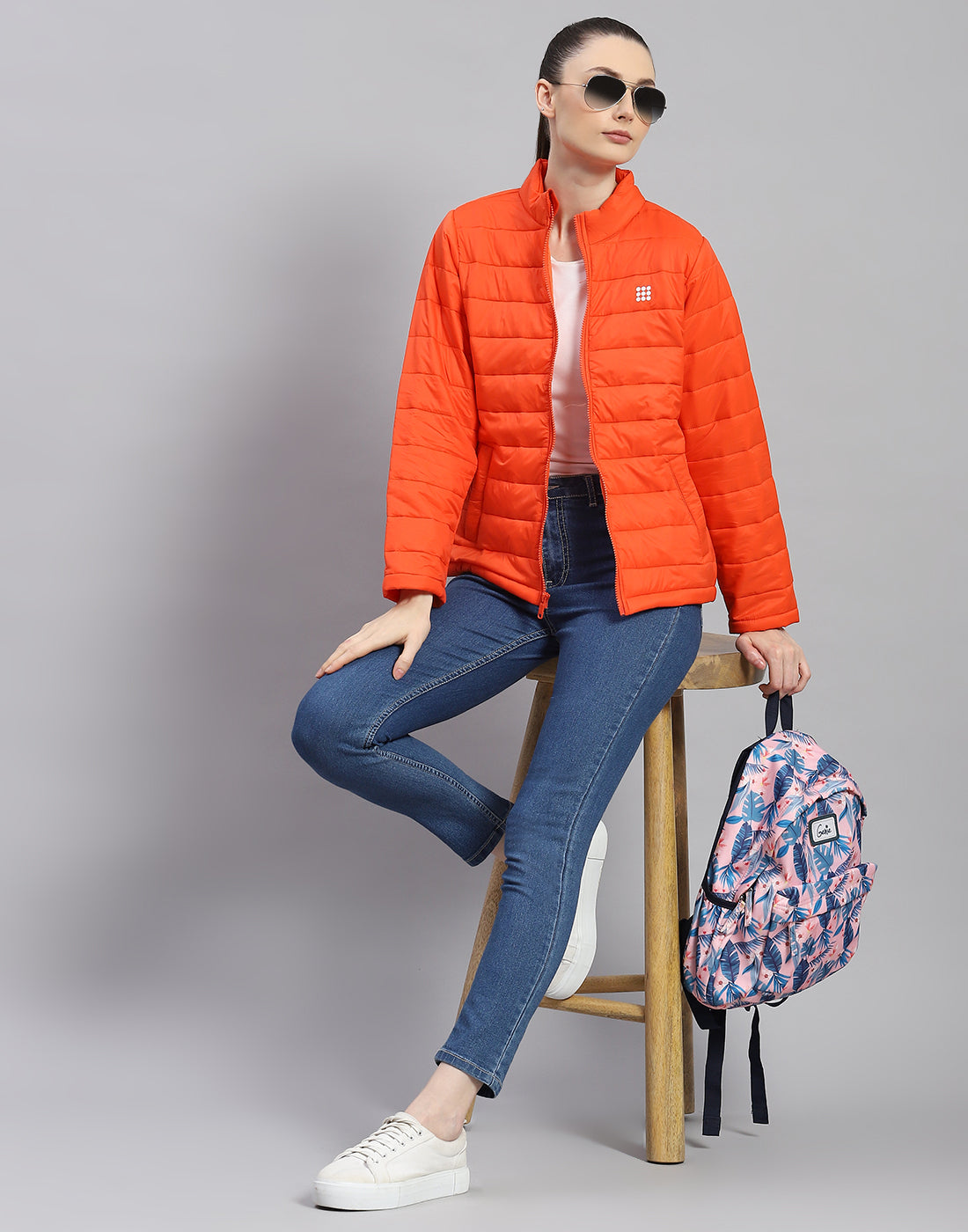 Women Orange Solid Stand Collar Full Sleeve Jacket