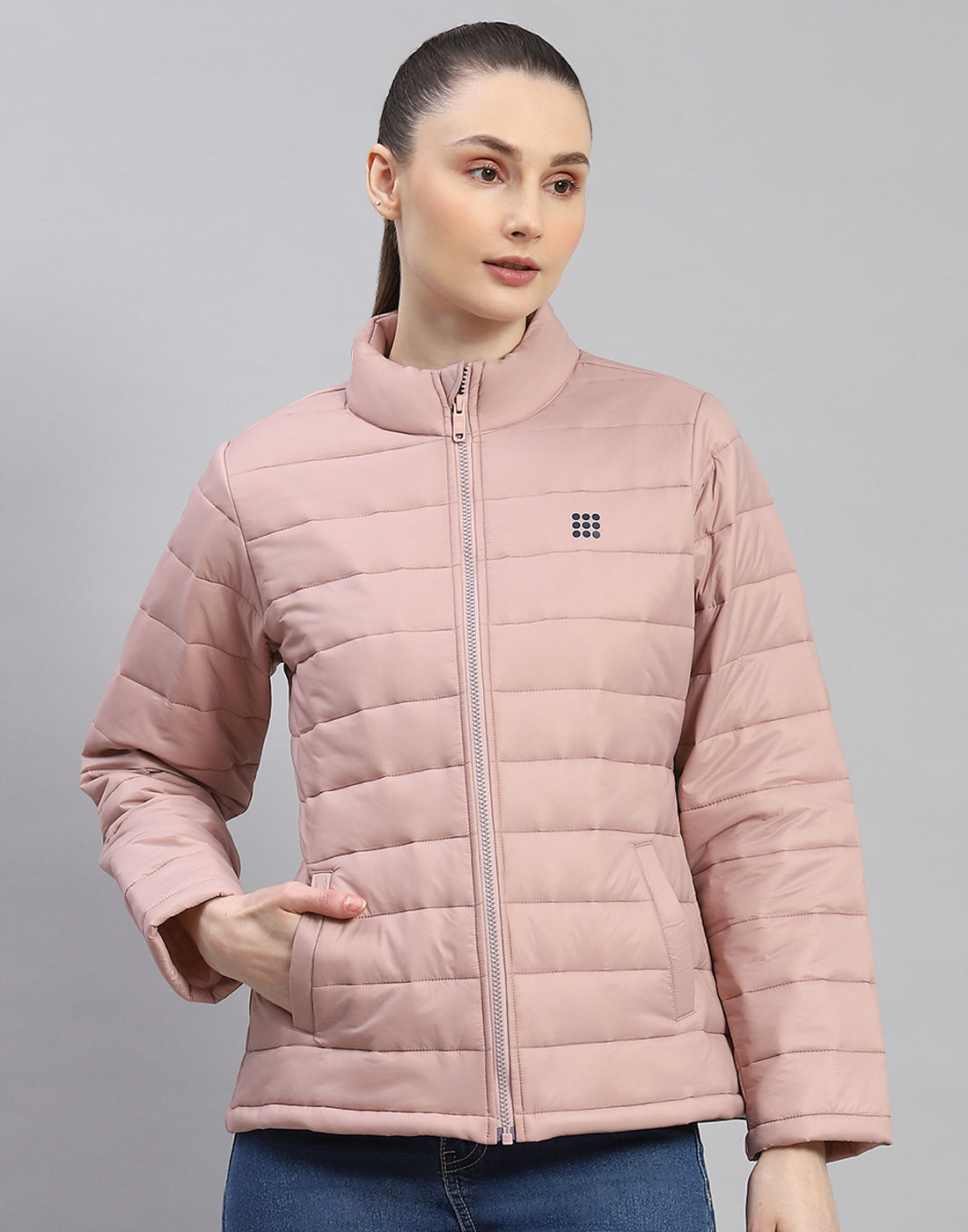 Rock.it Women Peach Solid Stand Collar Full Sleeve Jacket