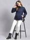 Women Navy Blue Solid Stand Collar Full Sleeve Jackets