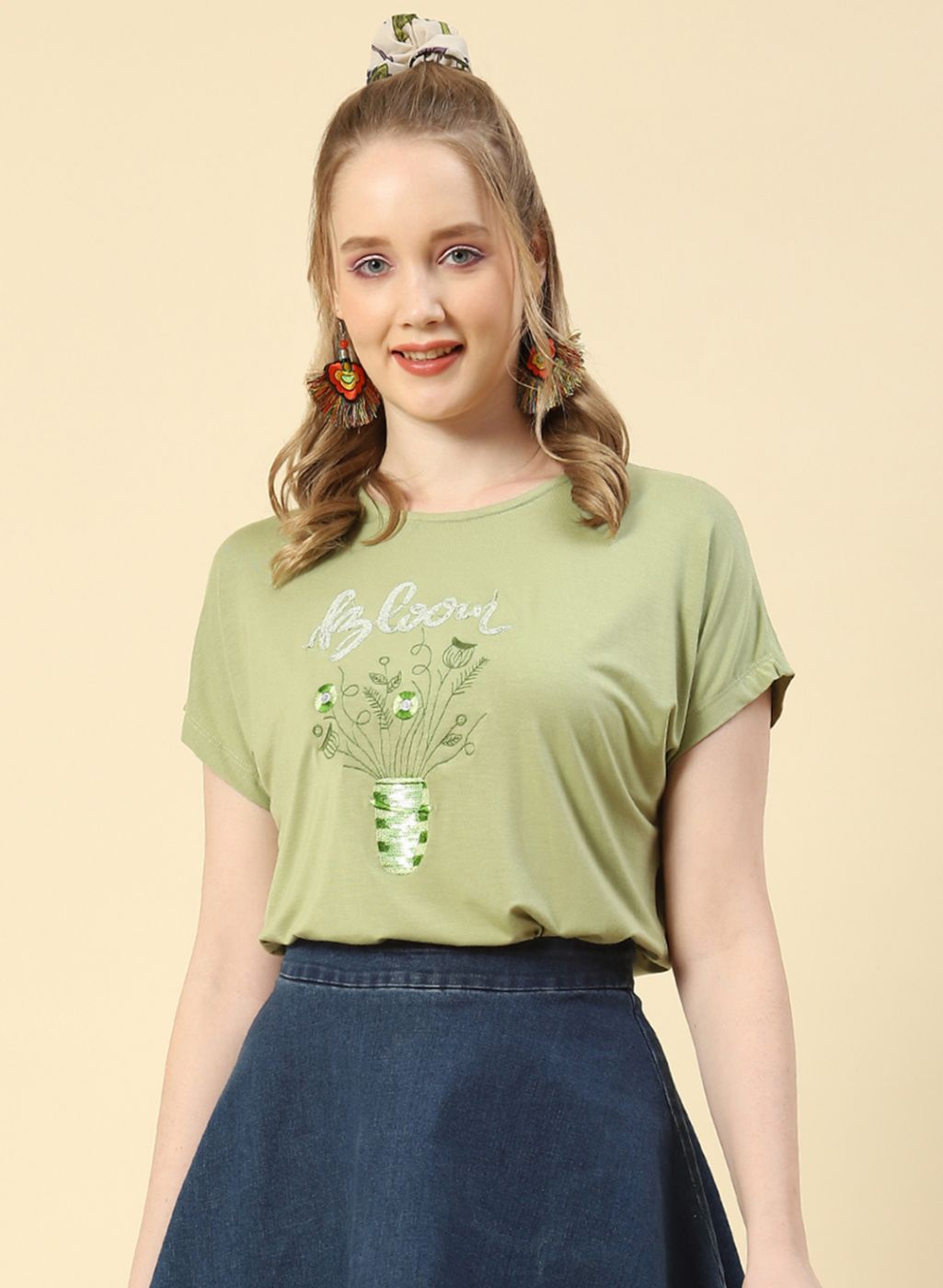 Women Green Embroidered Top