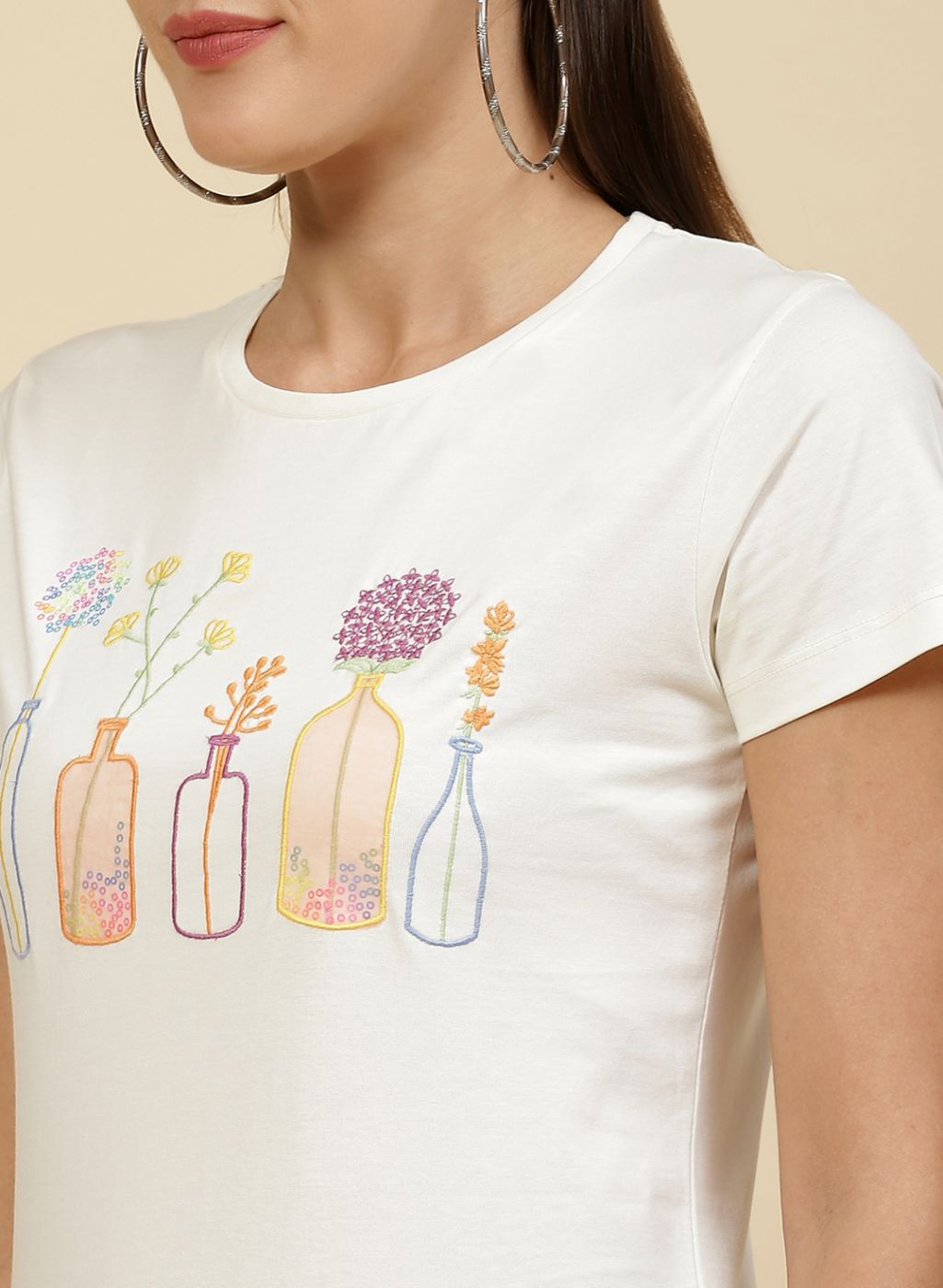 Women Off White Embroidered Top