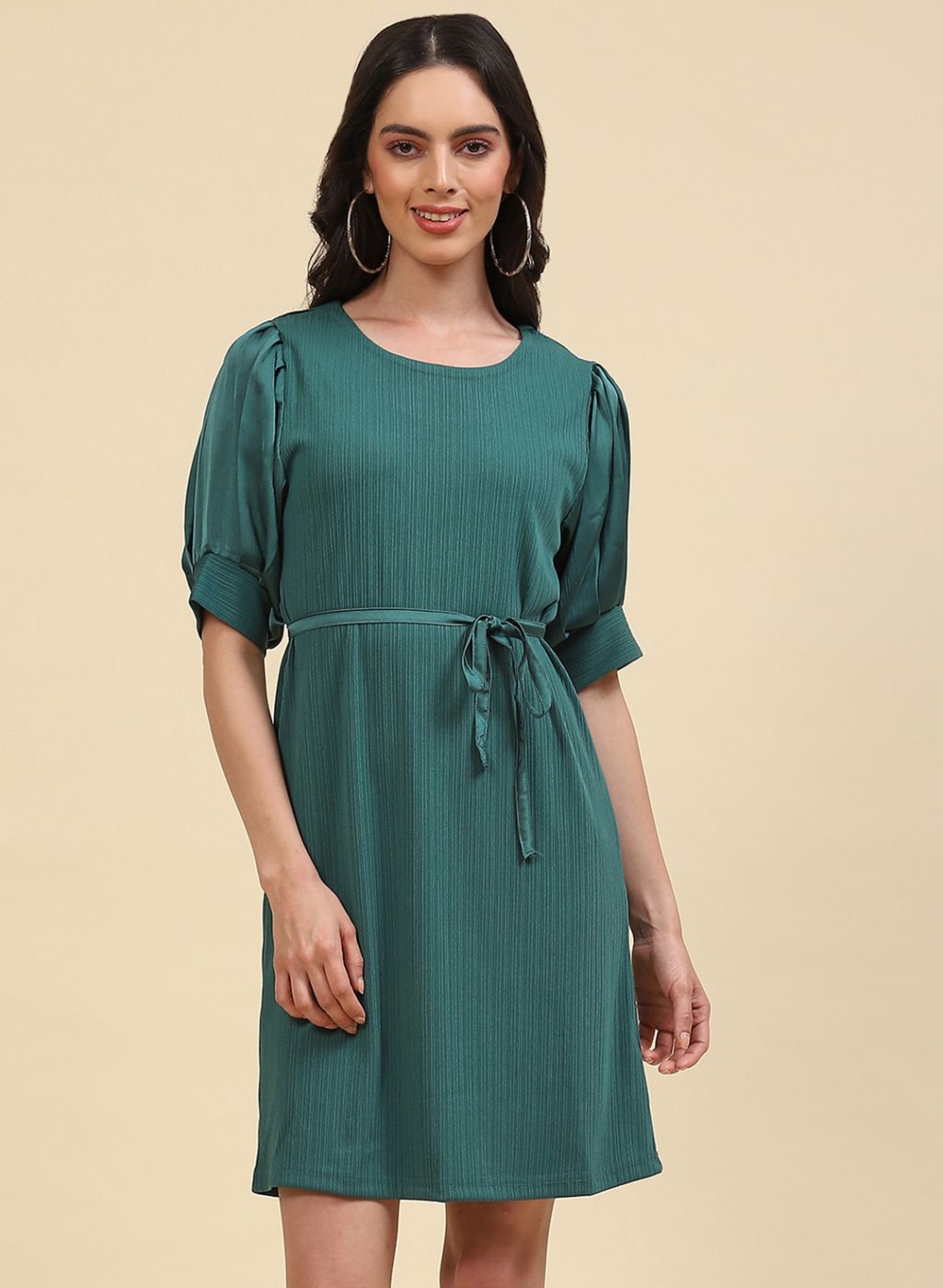 Women Green Self Design Dress