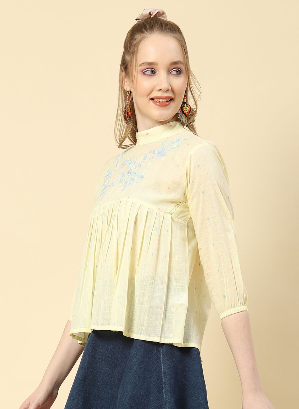 Women Yellow Embroidered Top