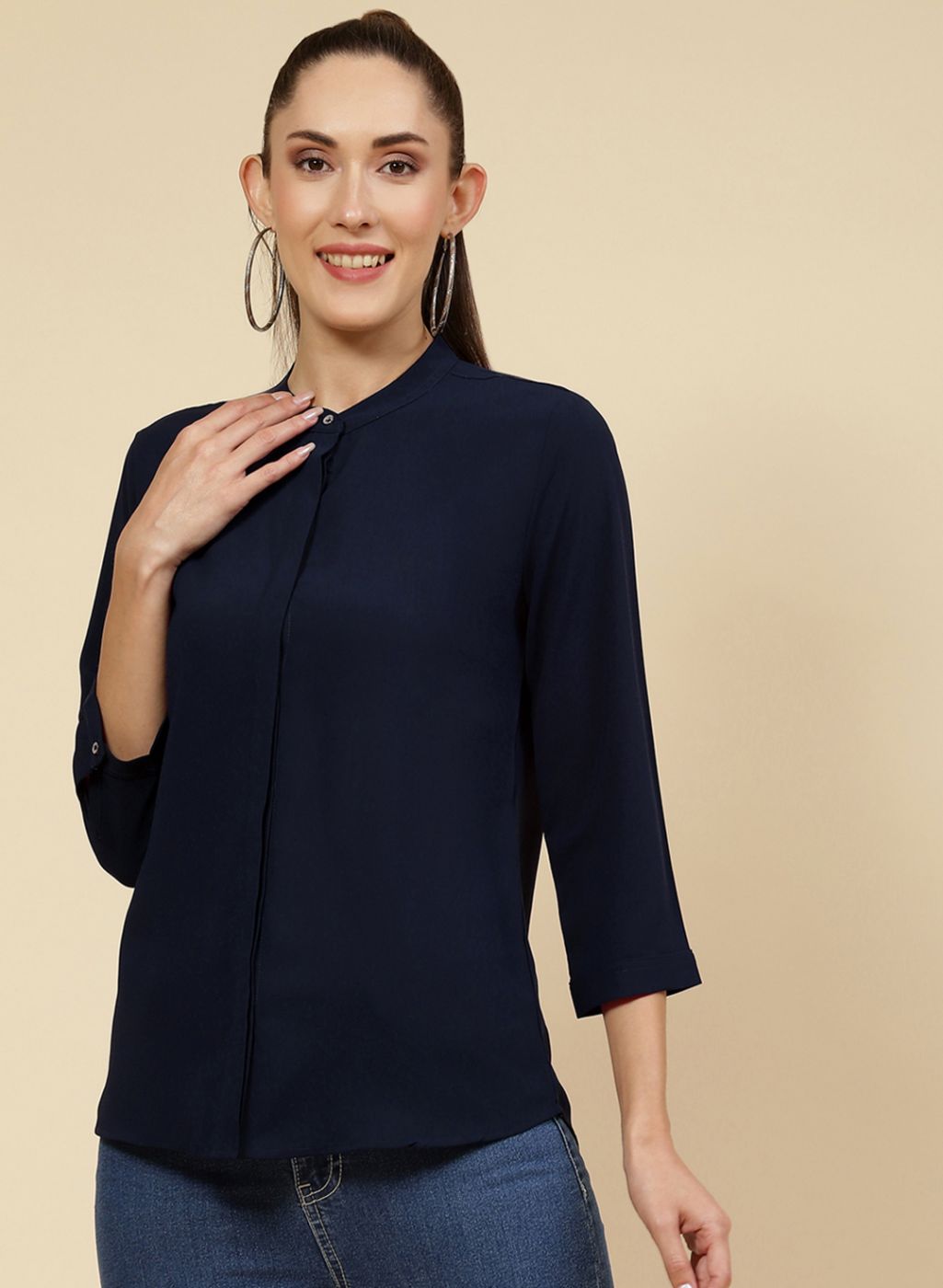 Blue Solid Mock Neck Top for Women main image 1