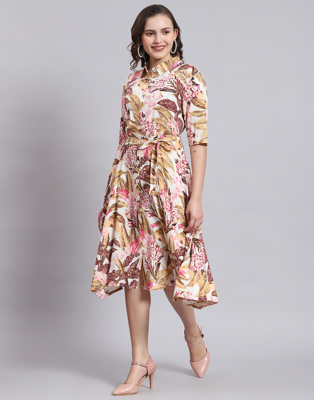 Women Multicolor Printed Front Open Short Sleeve Dress