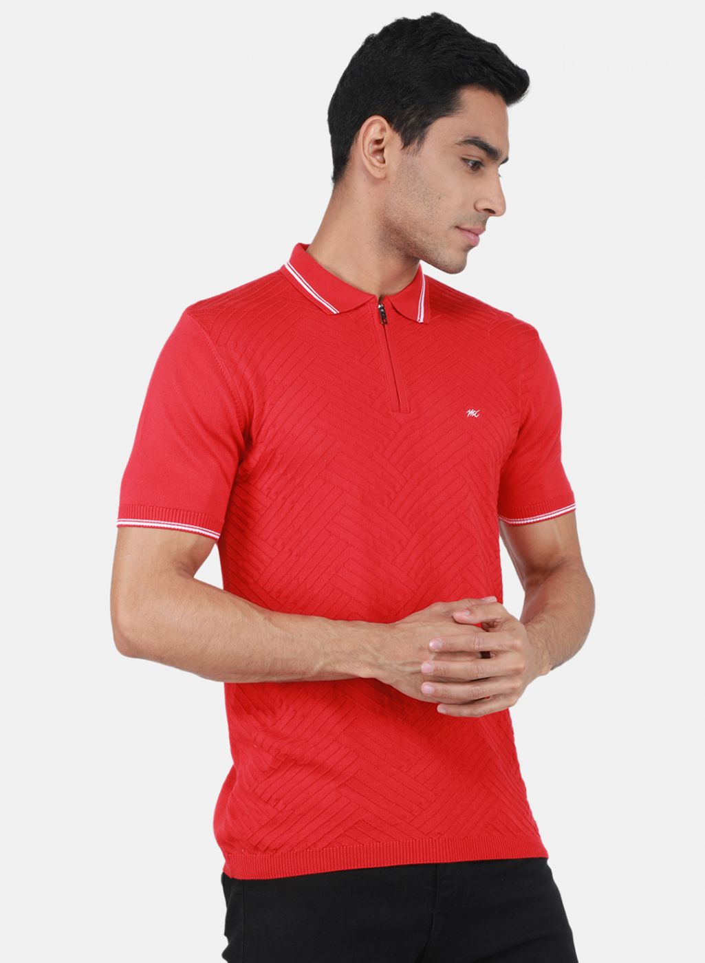 Men Red Self Design T-Shirt