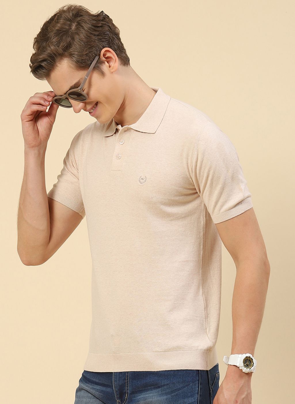 Men Beige Plain T-Shirt