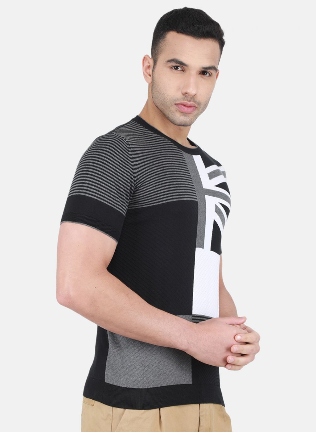 Men Black Self Design T-Shirt