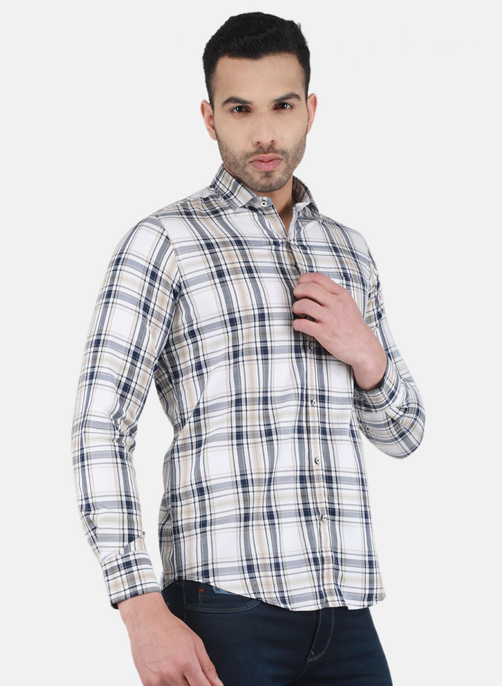 Men White Check Shirt