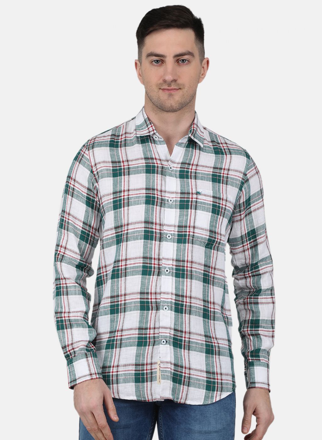 Men Green Check Linen Shirt