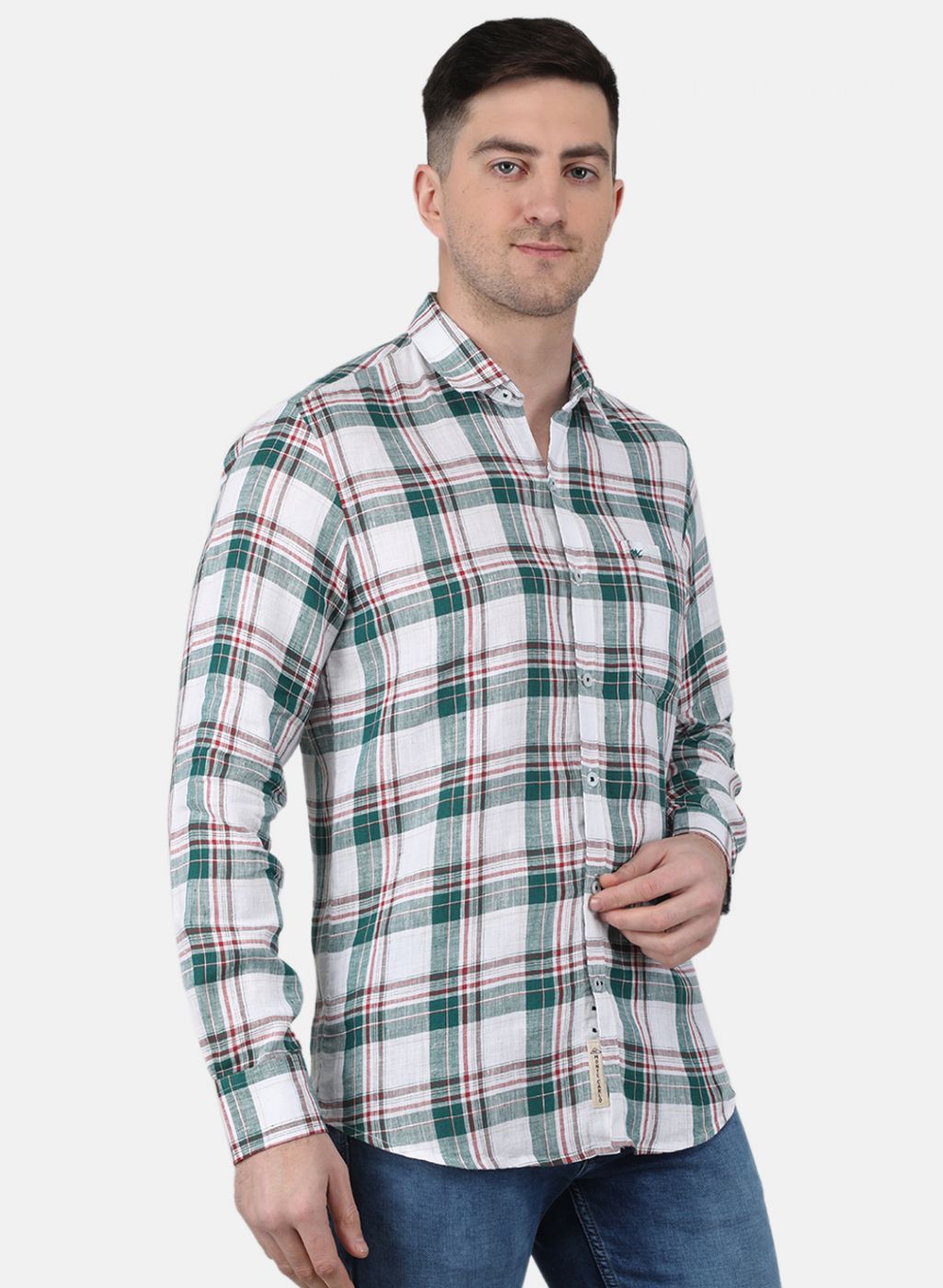 Men Green Check Linen Shirt