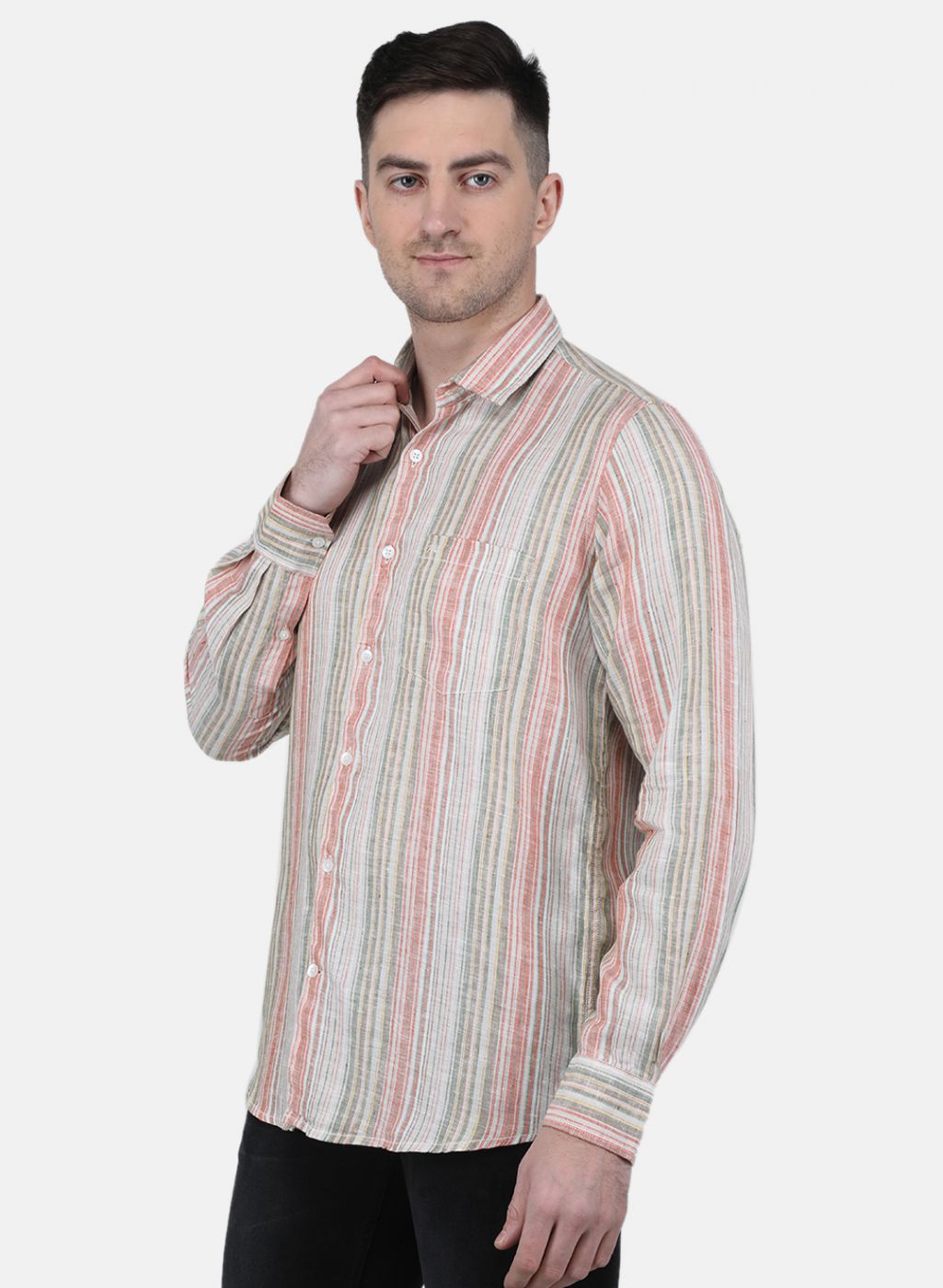 Men Beige Printed Linen Shirt