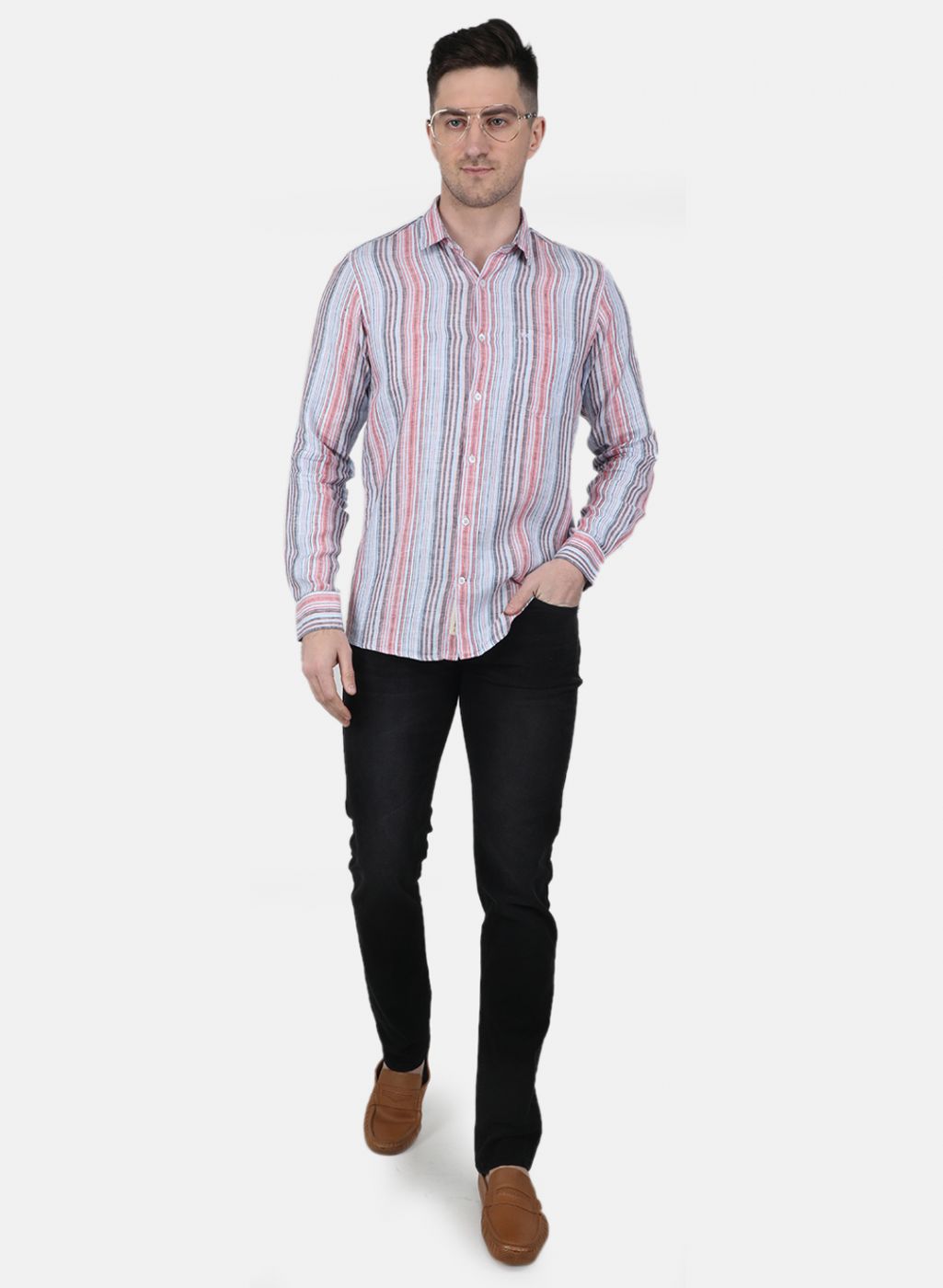 Men Blue Printed Linen Shirt