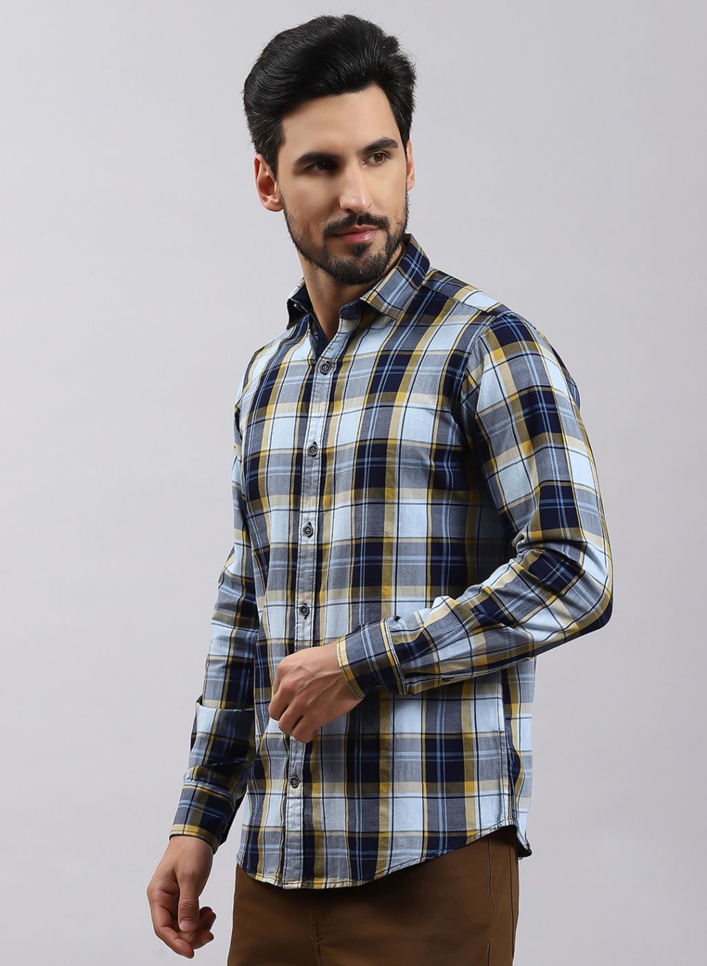 Men Mustard Check Pure Cotton Shirt