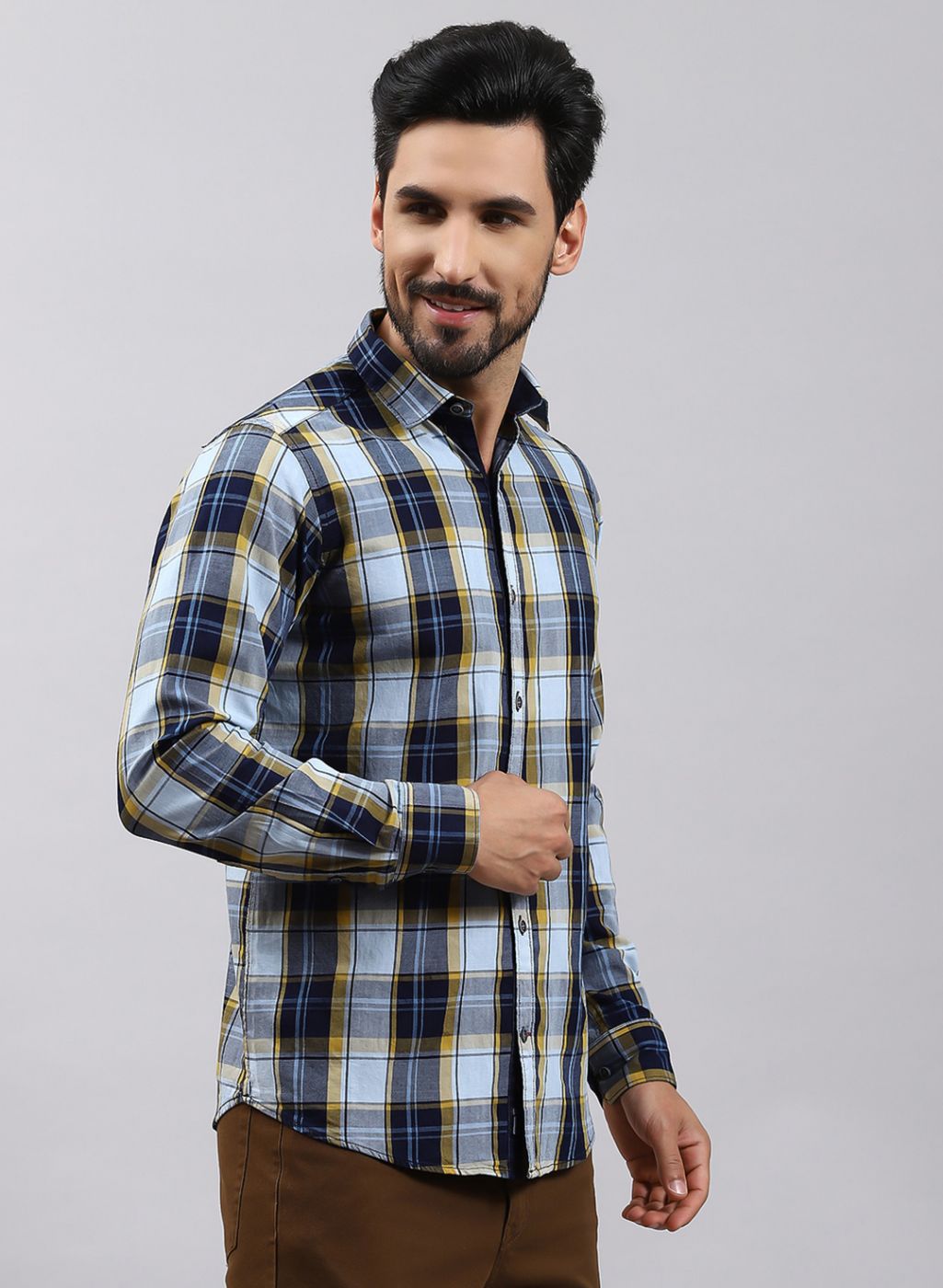 Men Mustard Check Pure Cotton Shirt