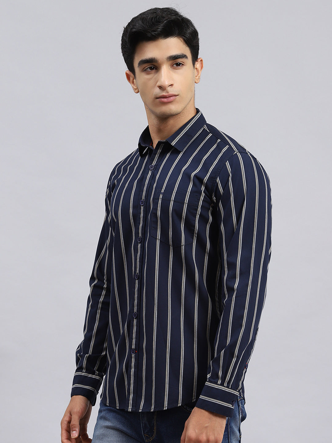 Men Navy Blue Stripe Shirt
