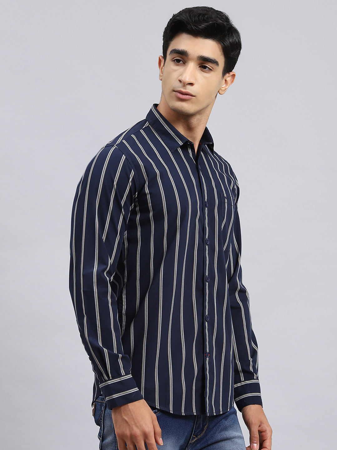 Men Navy Blue Stripe Shirt