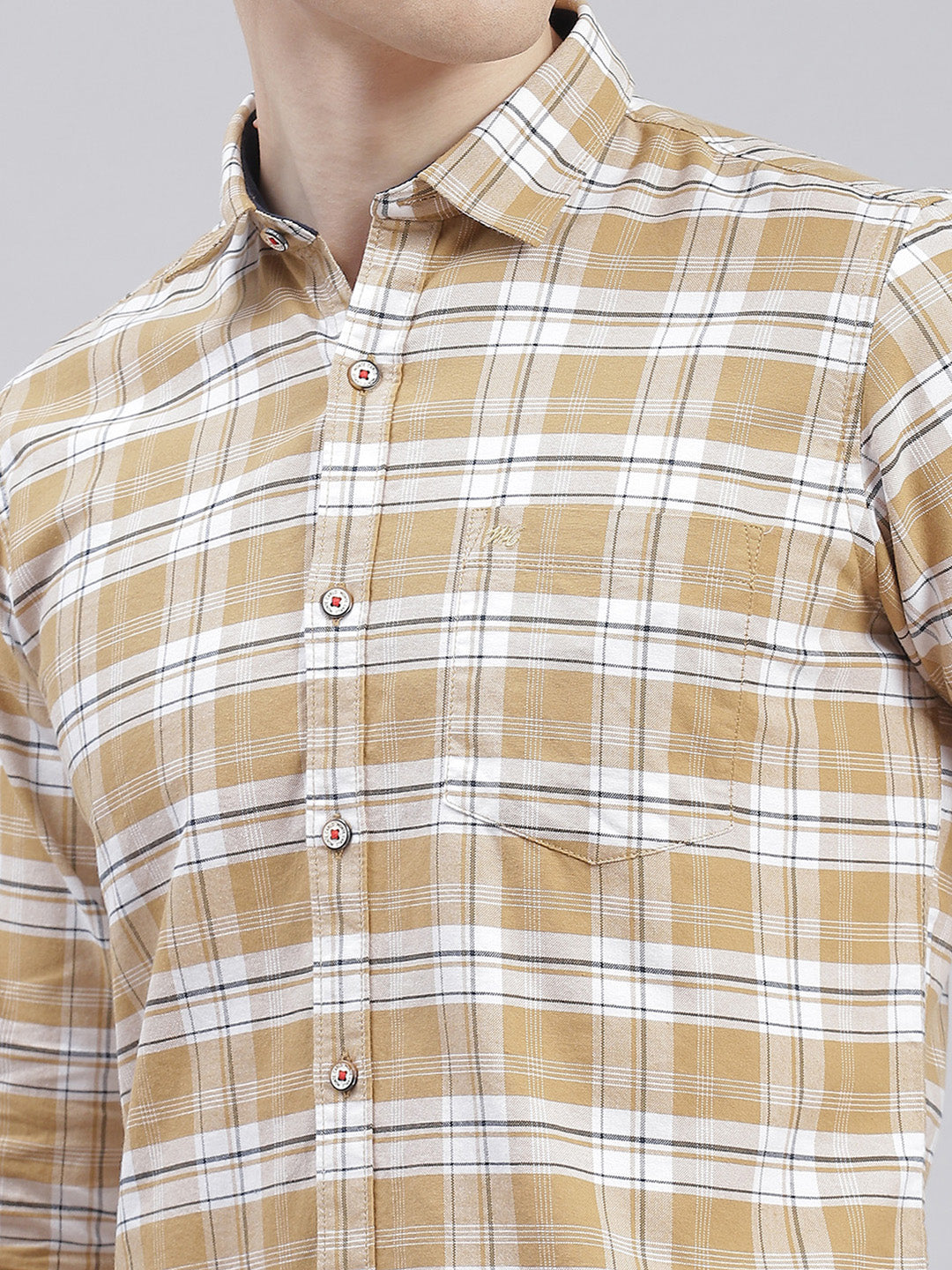 Men Beige Check Collar Full Sleeve Shirts
