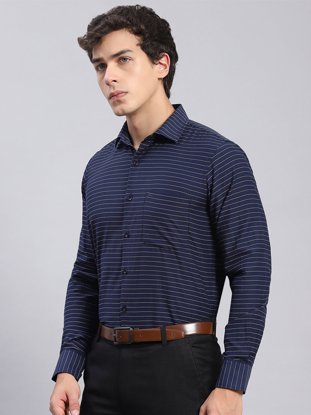 Men Navy Blue Stripe Spread Collar Full Sleeve Shirts