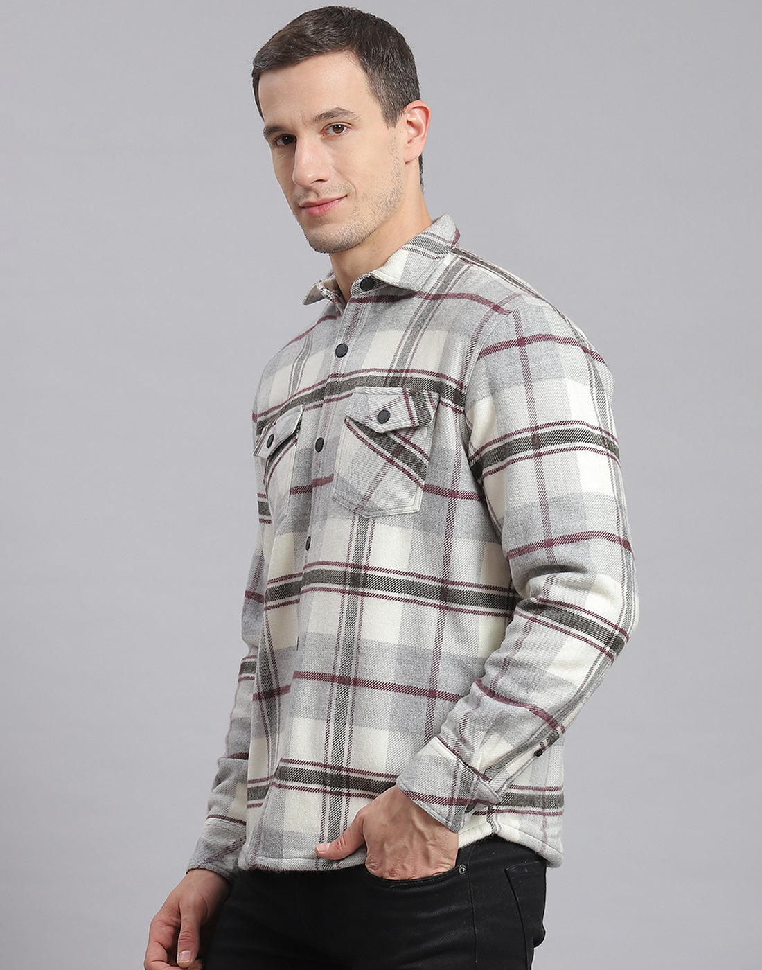 Men Grey Check Collar Sleeveless Shirt