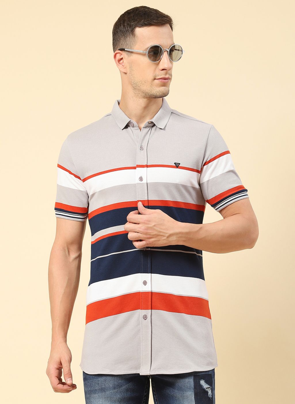 Men Grey Stripe Knitted Shirt