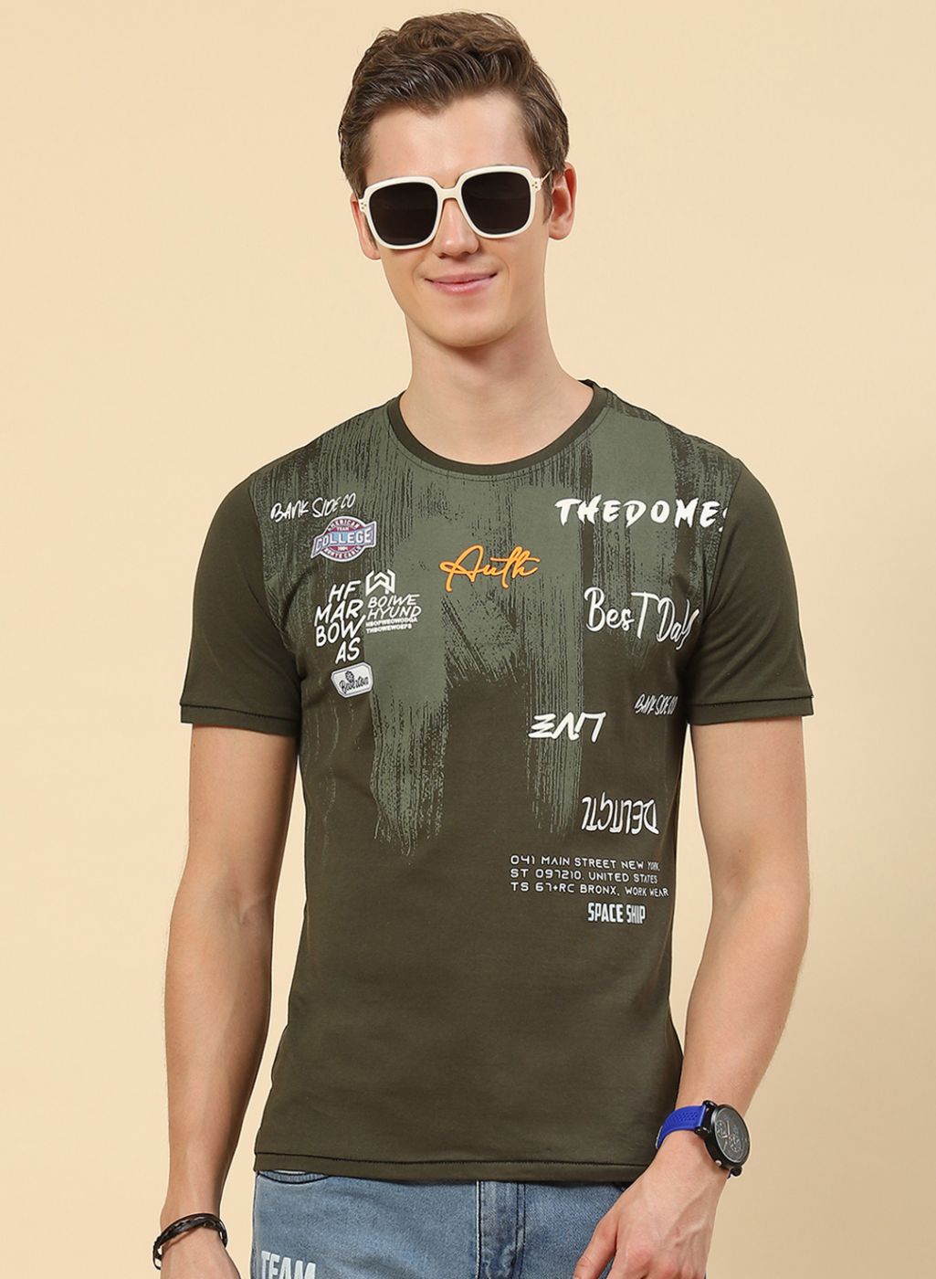 Men Olive Printed T-Shirt