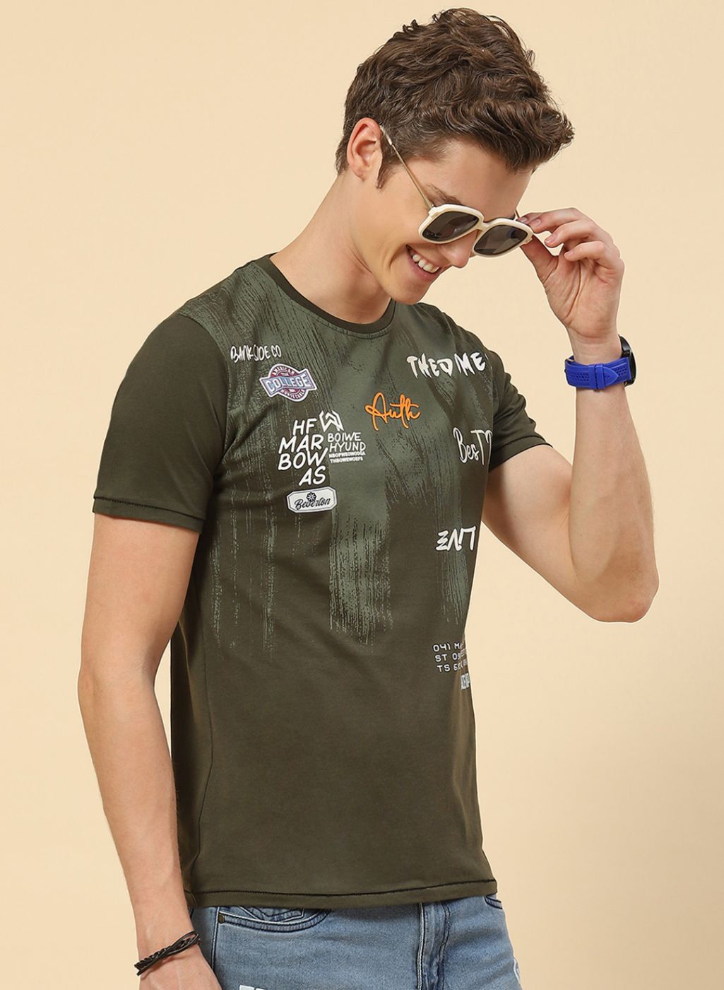 Men Olive Printed T-Shirt