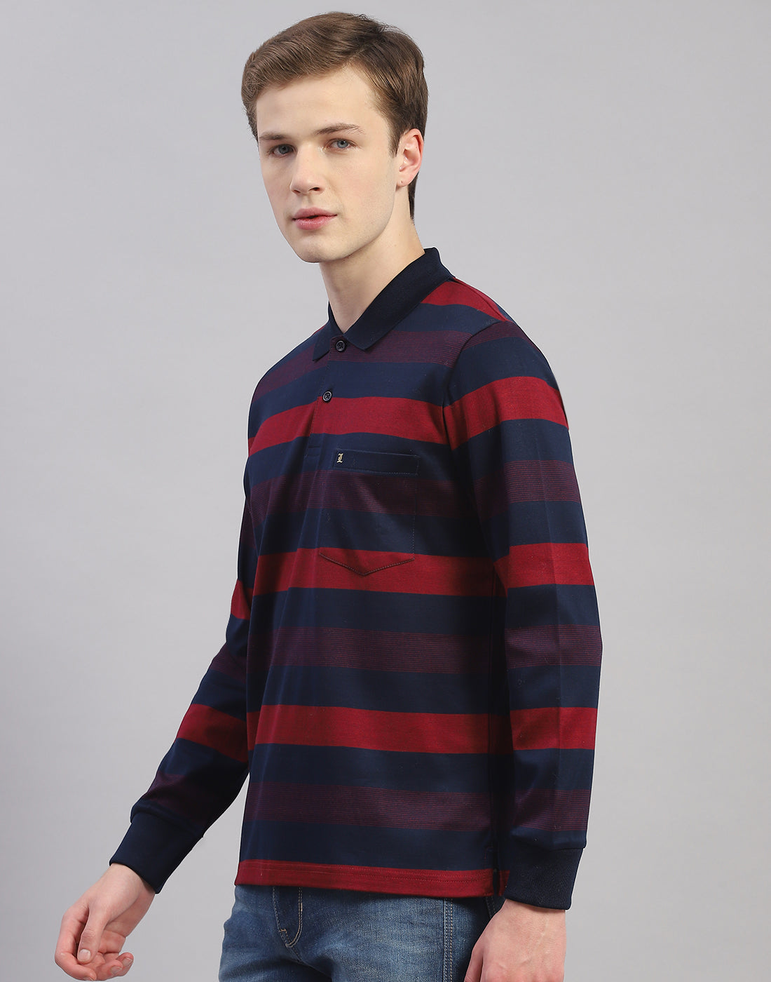 Men Maroon Stripe Polo Collar Full Sleeve T-Shirt