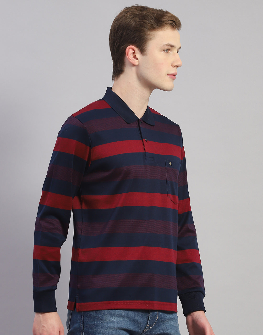 Men Maroon Stripe Polo Collar Full Sleeve T-Shirt