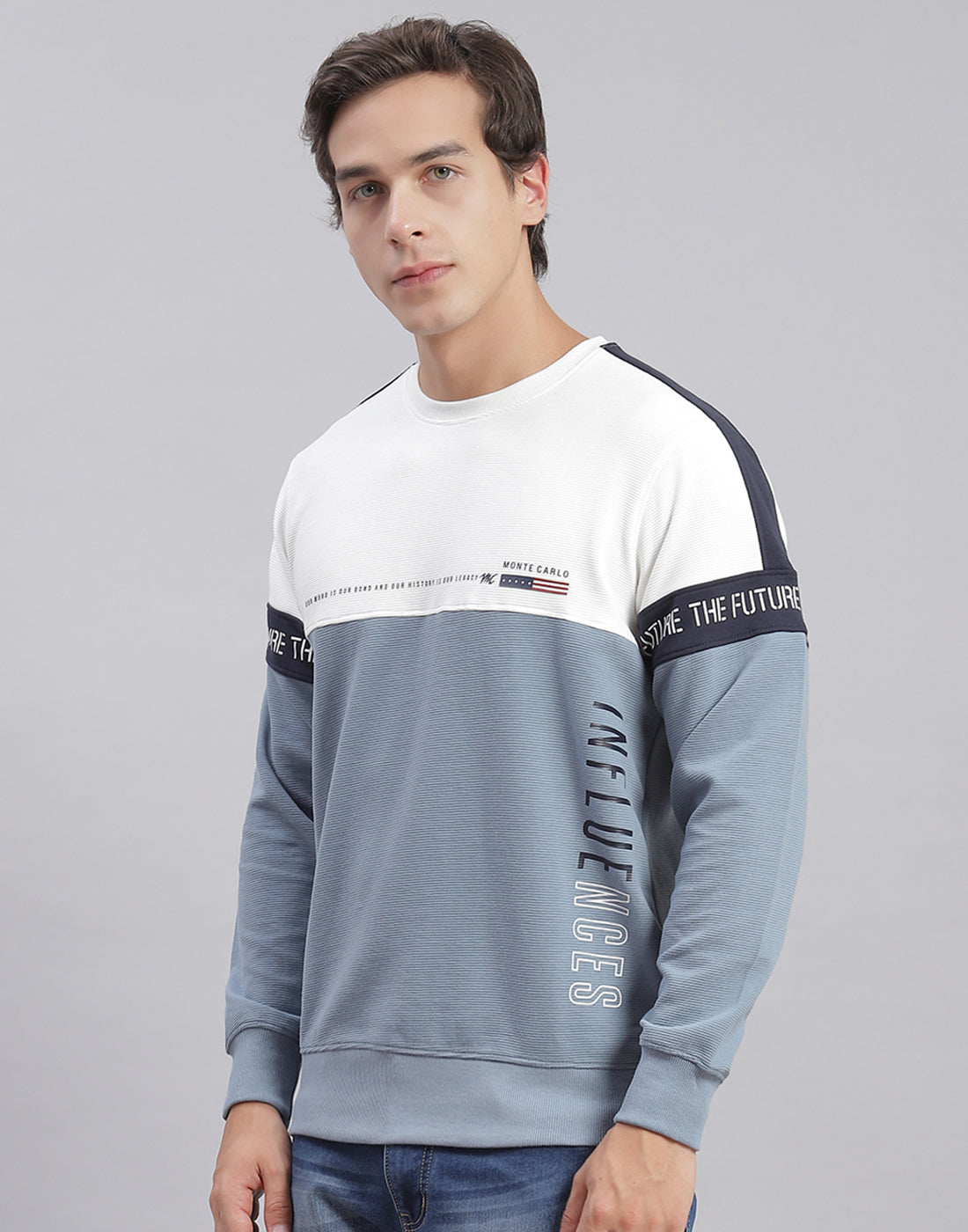 Men Blue Printed Round Neck Full Sleeve Sweatshirts