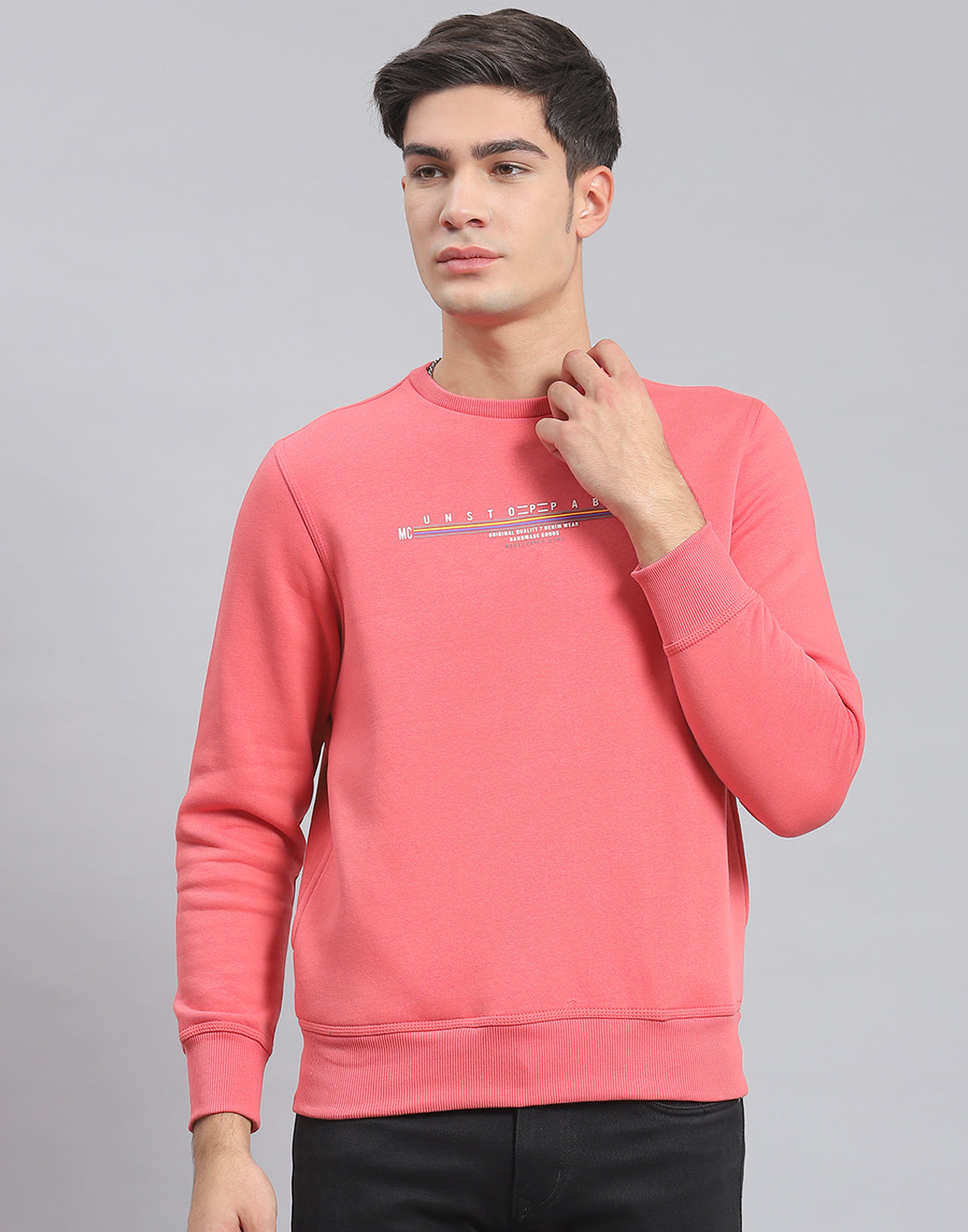 Men Pink Solid Round Neck Full Sleeve Sweatshirt