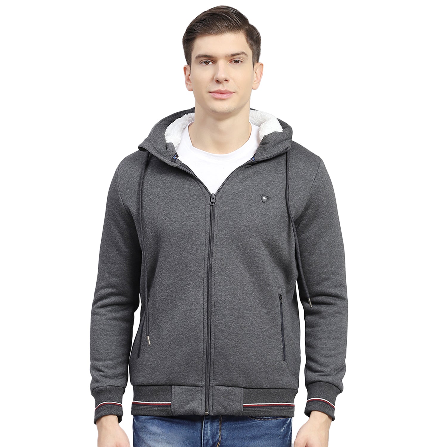 Men Grey Solid Hooded Full Sleeve Sweatshirt