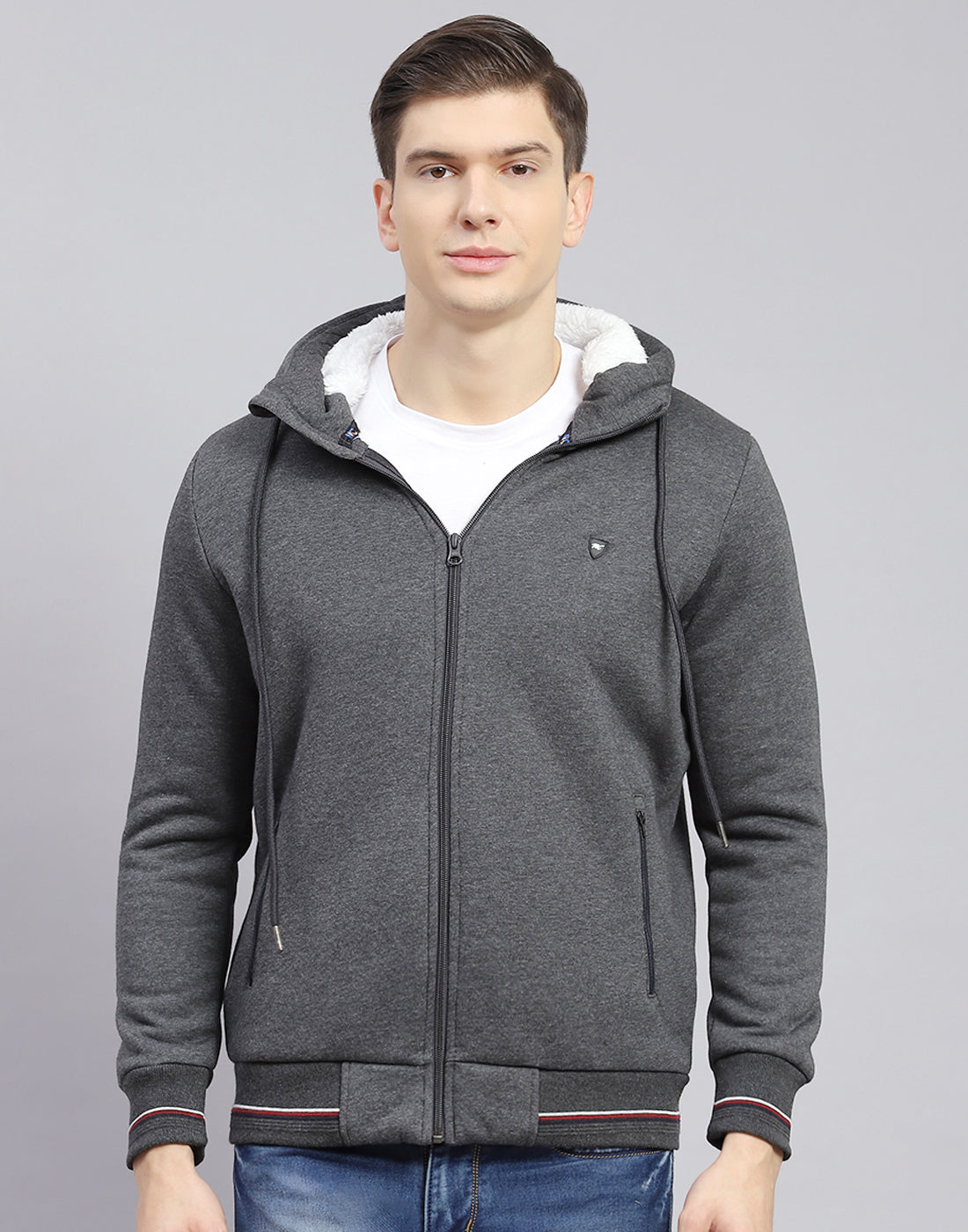 Men Grey Solid Hooded Full Sleeve Sweatshirt