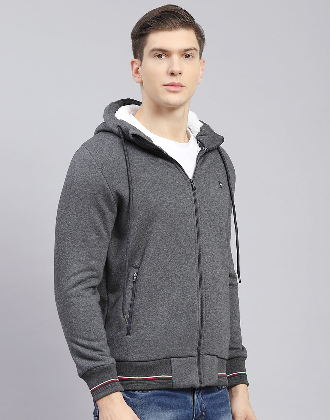 Men Grey Solid Hooded Full Sleeve Sweatshirt