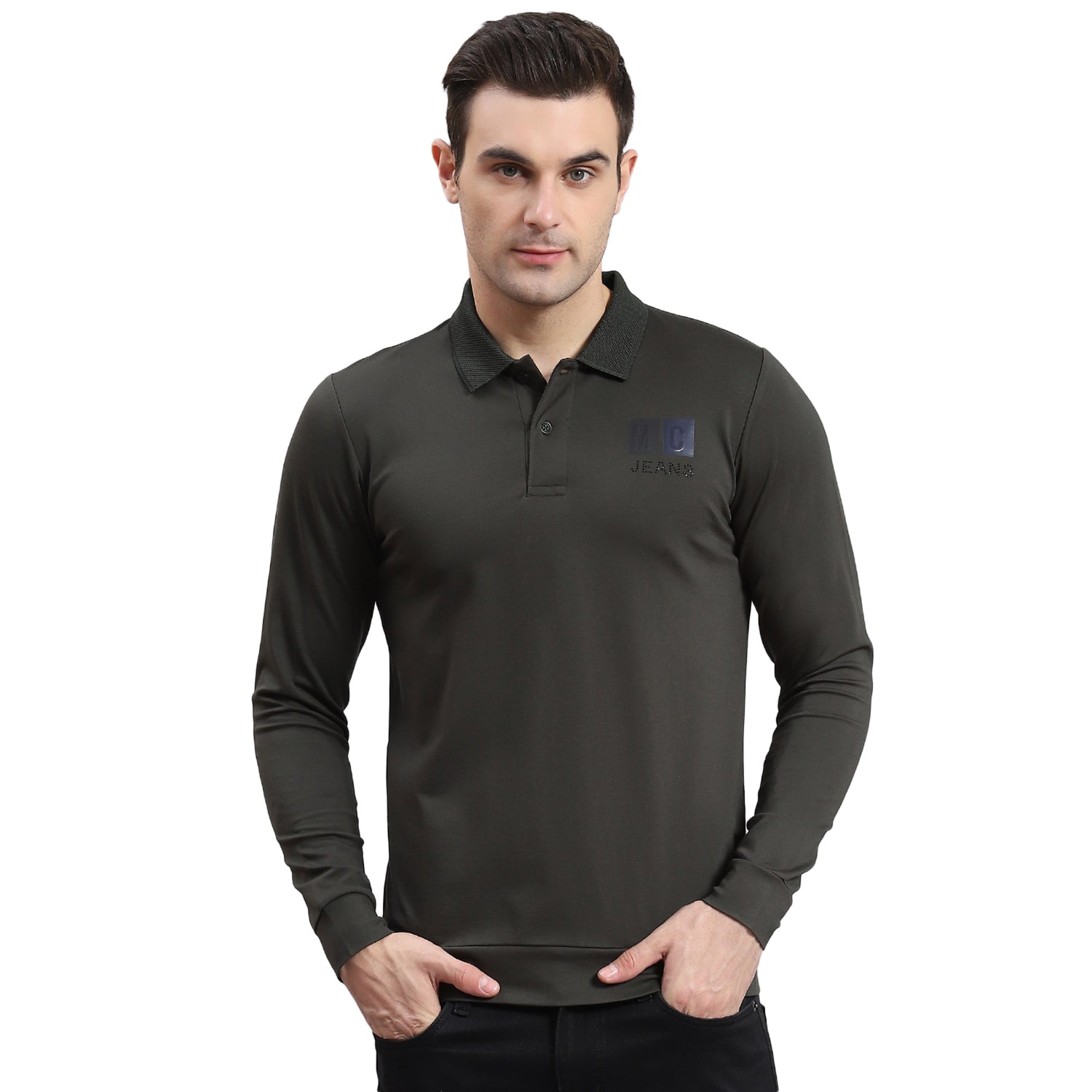 Men Olive Solid Polo Collar Full Sleeve T-Shirt