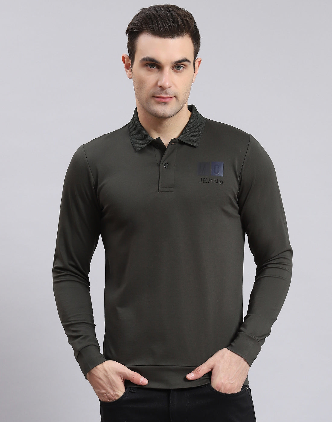 Men Olive Solid Polo Collar Full Sleeve T-Shirt