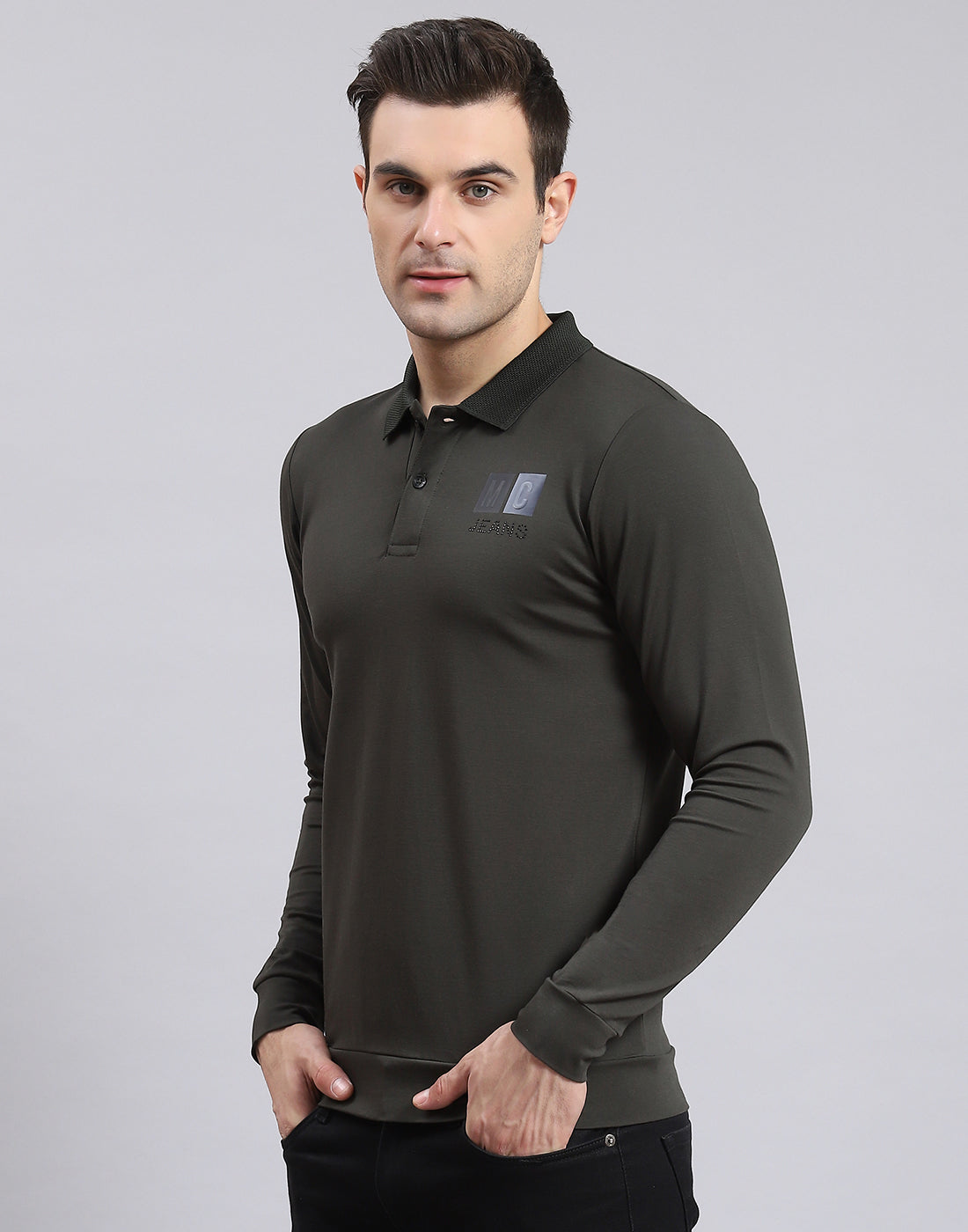 Men Olive Solid Polo Collar Full Sleeve T-Shirt