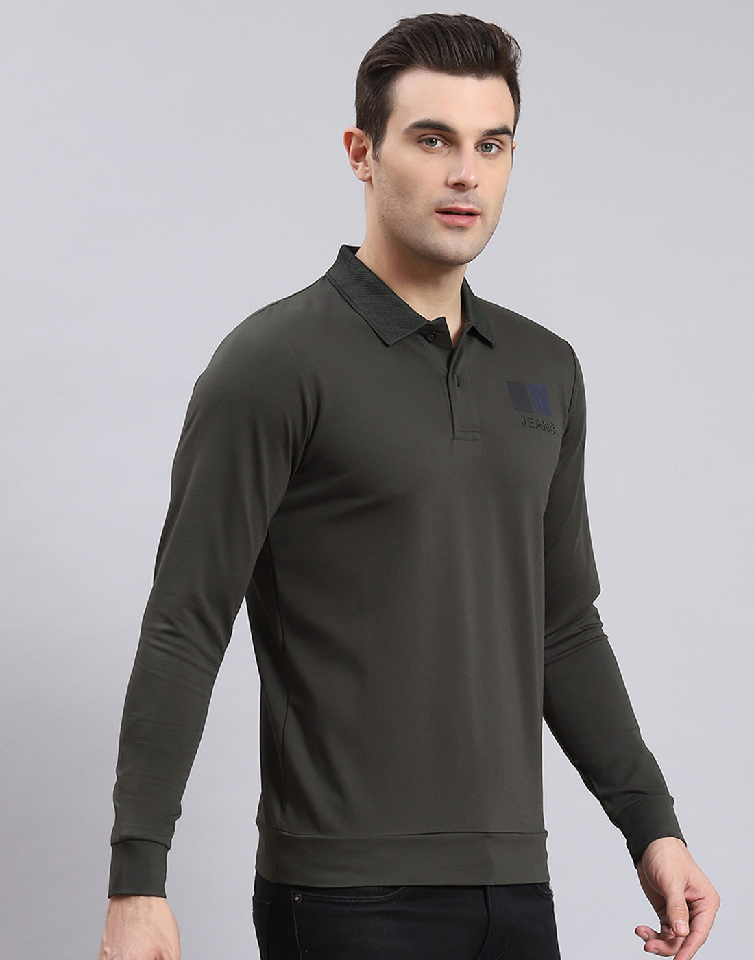 Men Olive Solid Polo Collar Full Sleeve T-Shirt