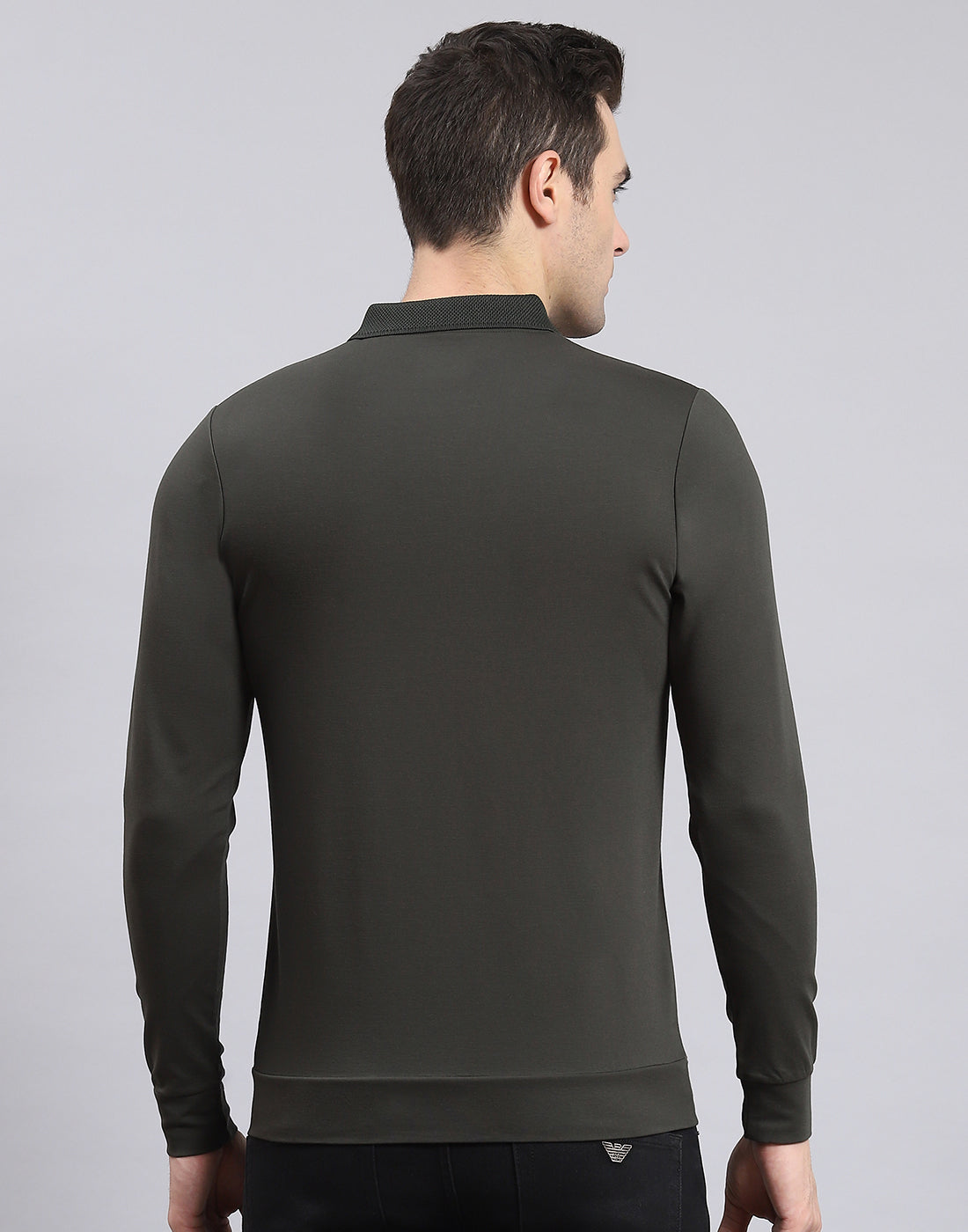 Men Olive Solid Polo Collar Full Sleeve T-Shirt