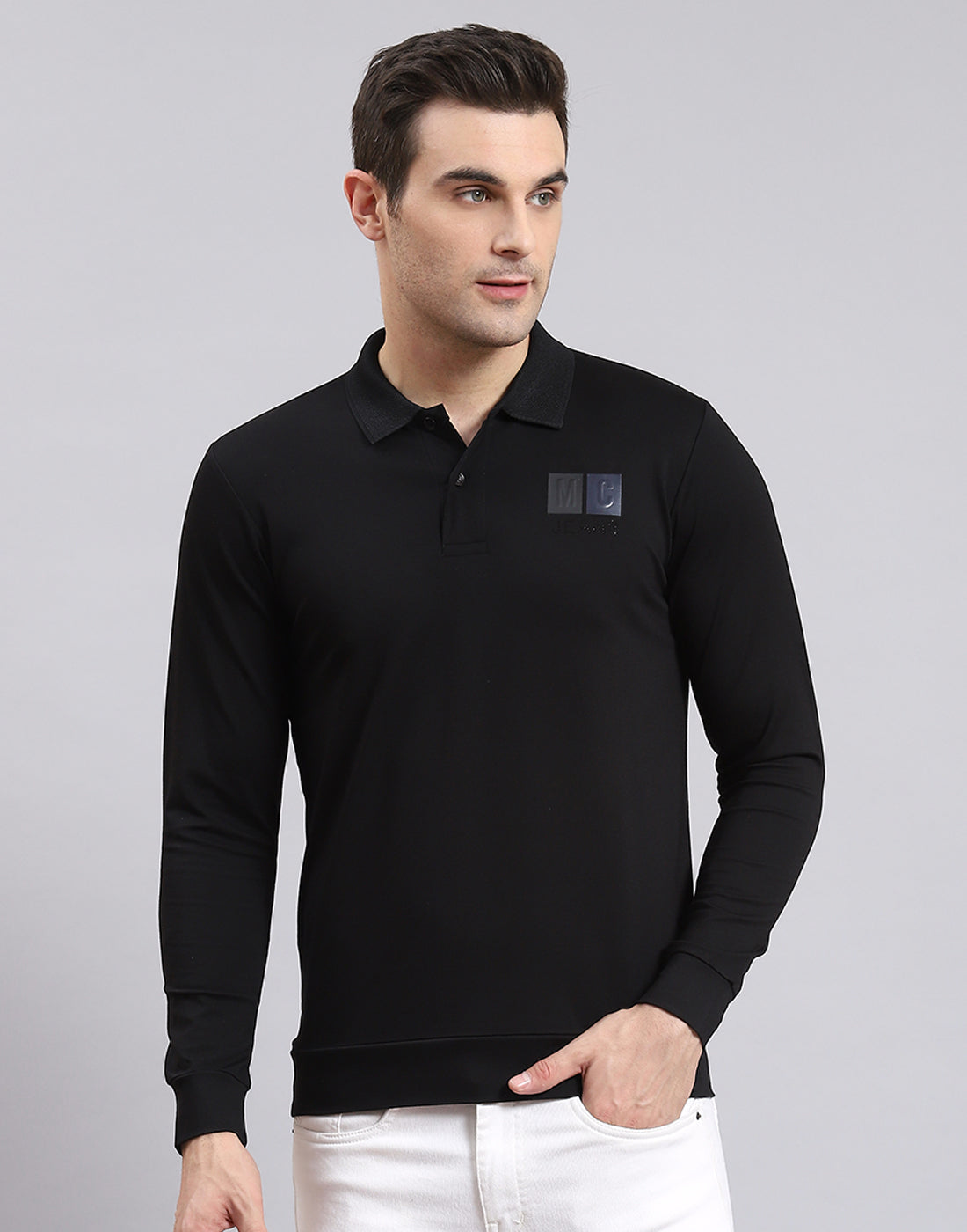 Men Black Solid Polo Collar Full Sleeve T-Shirt
