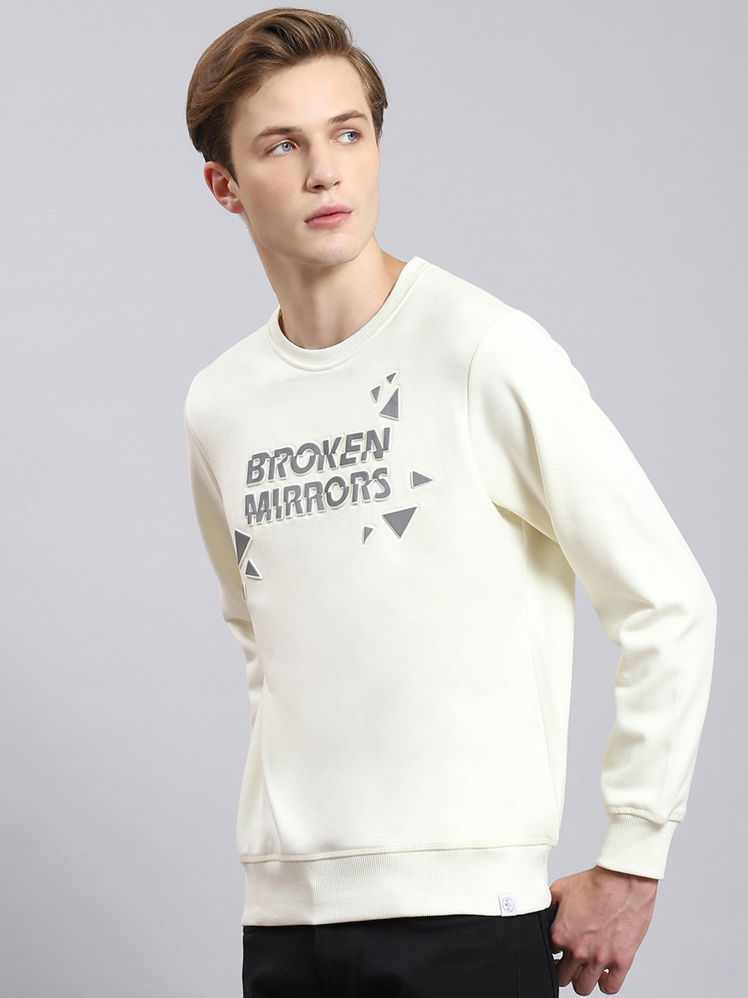 Men Off White Printed Round Neck Full Sleeve Sweatshirt