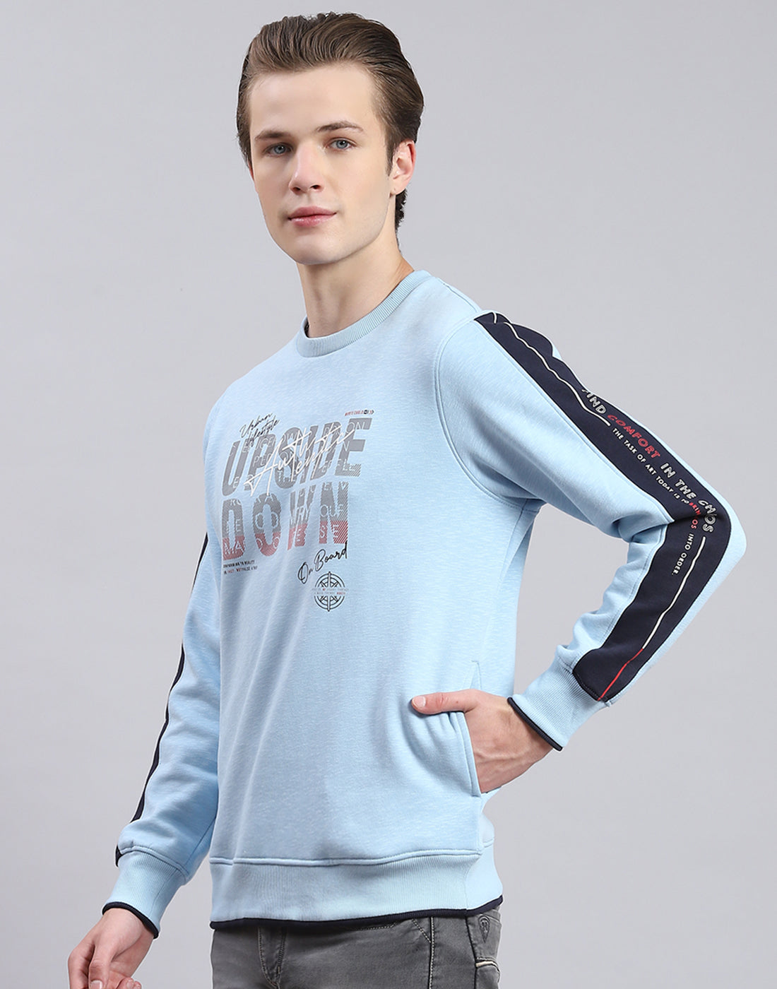 Men Blue Printed Round Neck Full Sleeve Sweatshirt