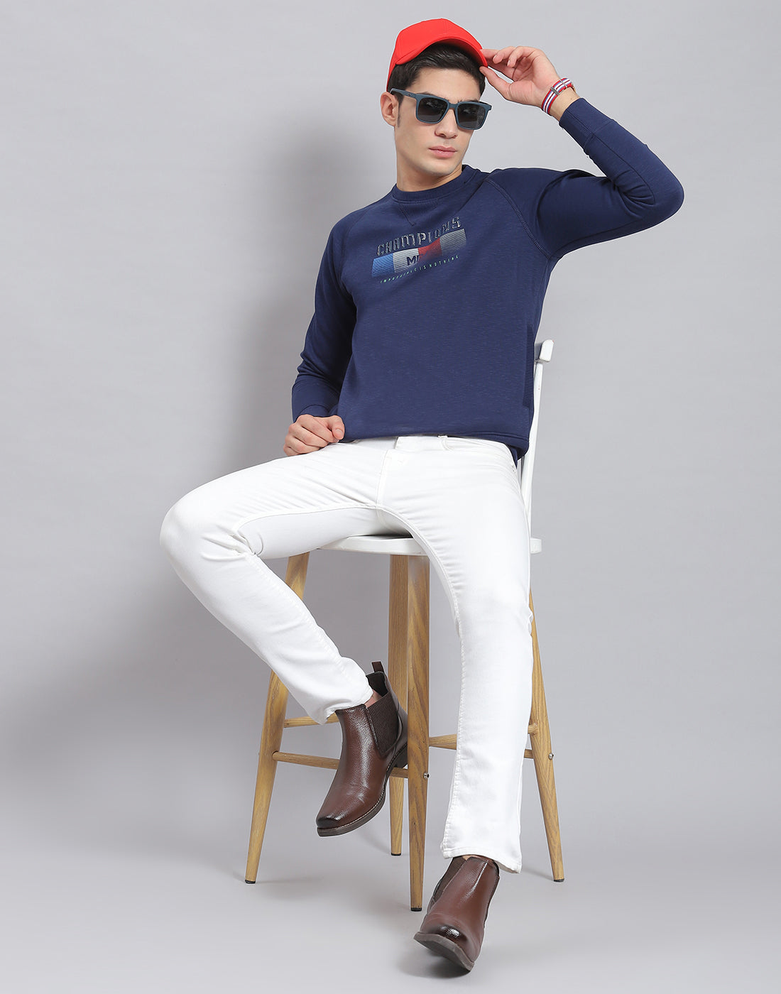 Men Navy Blue Printed Round Neck Full Sleeve Sweatshirt